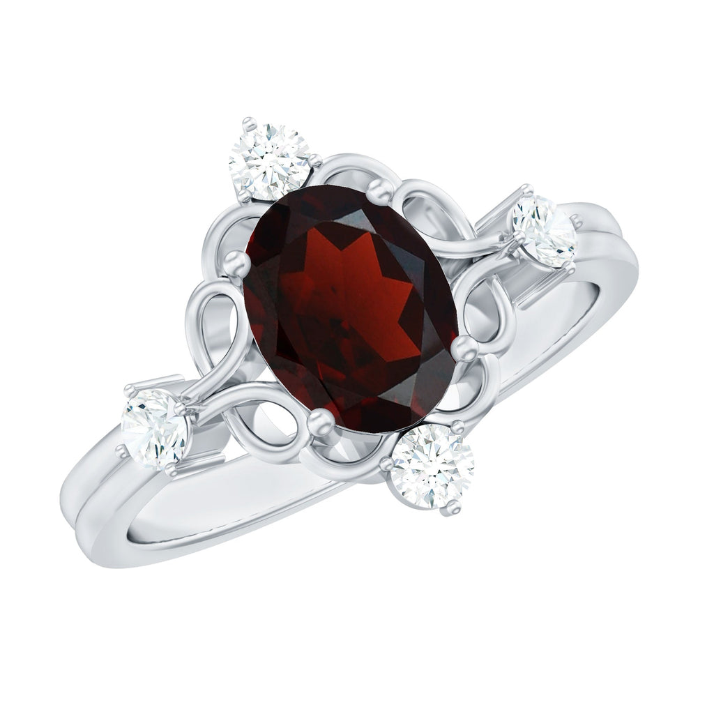 Vintage looking 1.5 Carat Oval Garnet Engagement Ring with Diamond