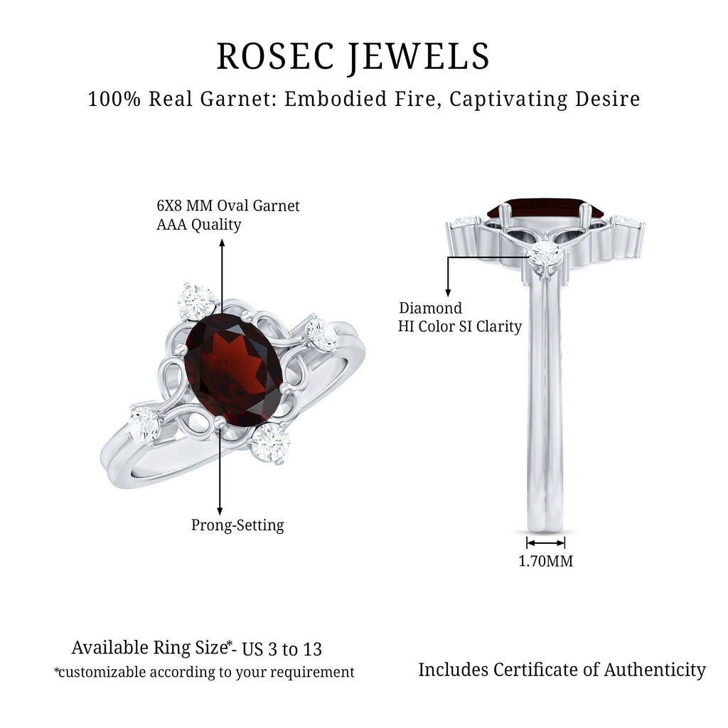 Vintage looking 1.5 Carat Oval Garnet Engagement Ring with Diamond