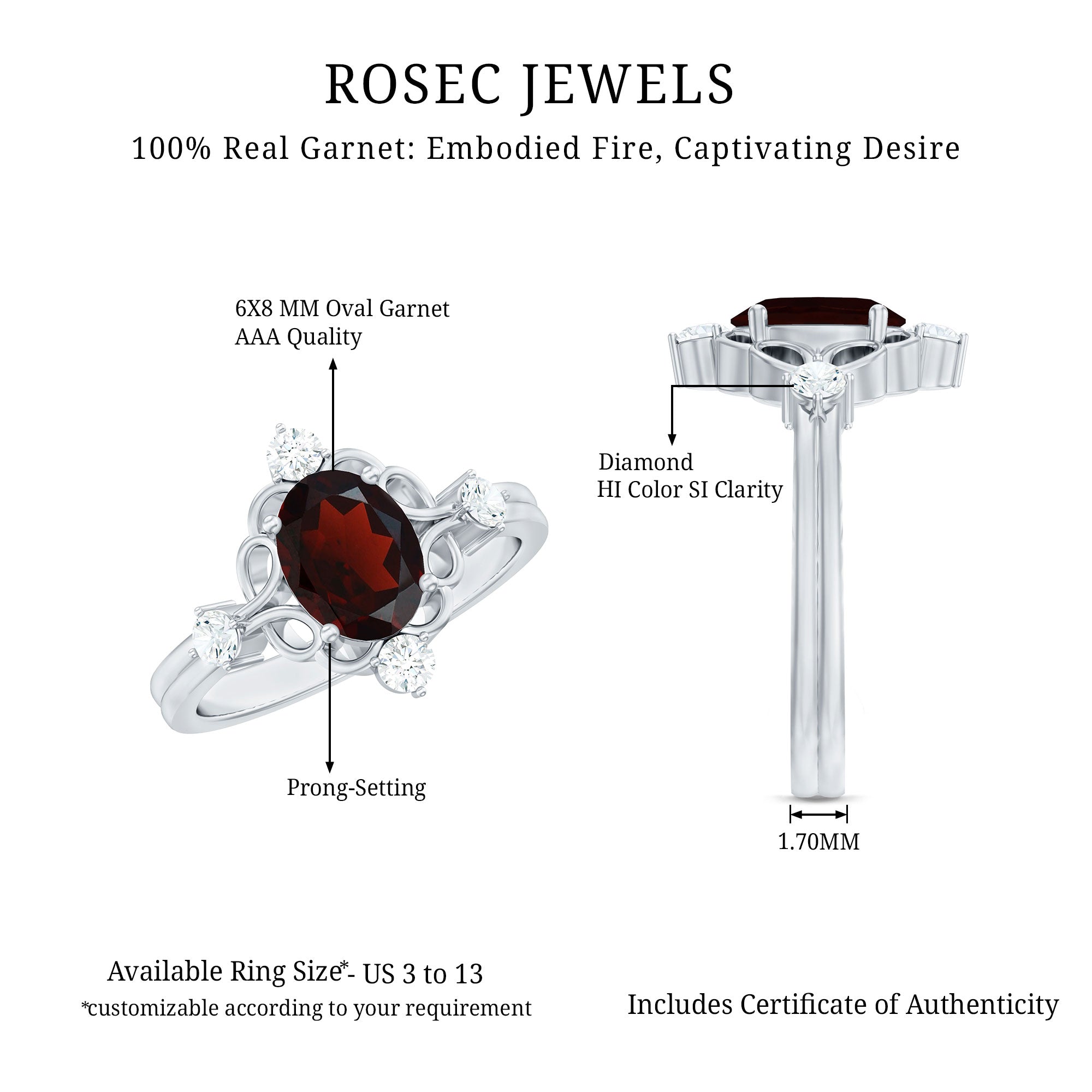 Vintage looking 1.5 Carat Oval Garnet Engagement Ring with Diamond