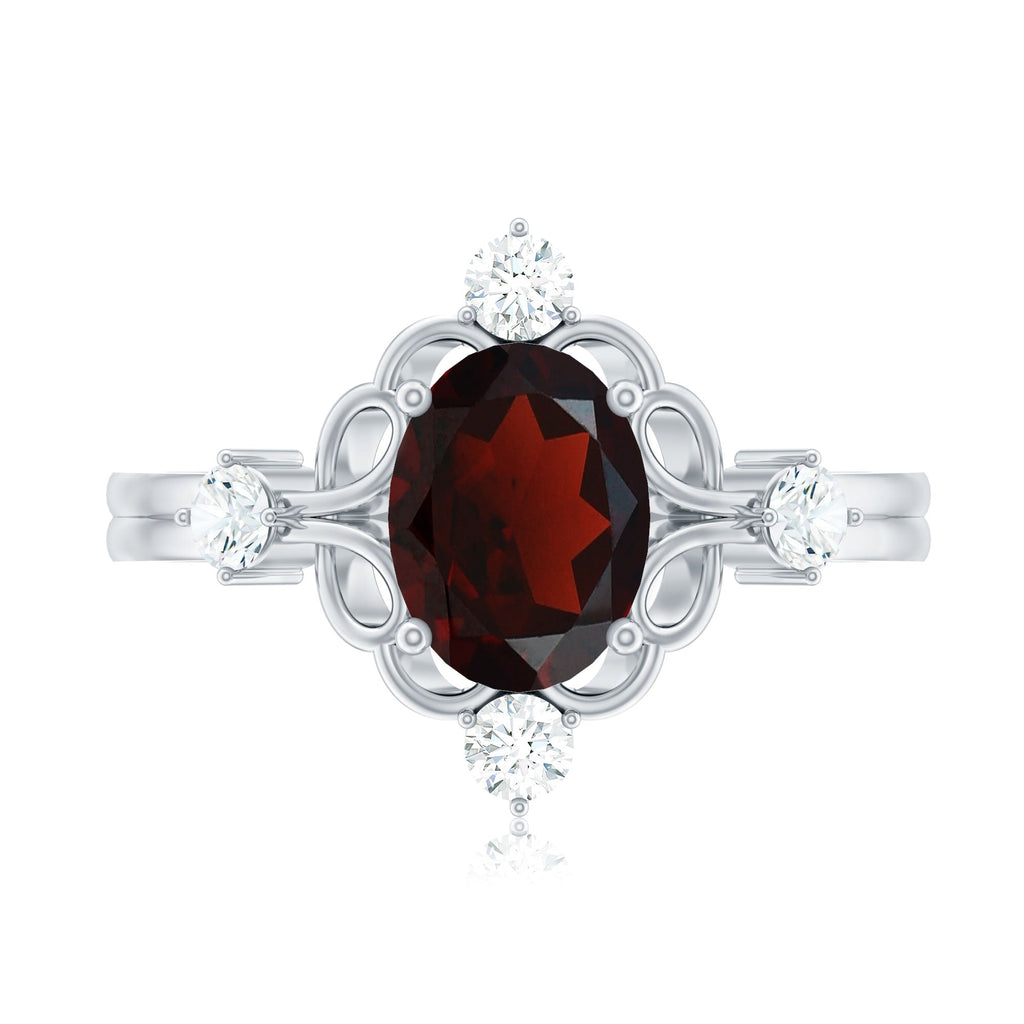 Vintage looking 1.5 Carat Oval Garnet Engagement Ring with Diamond