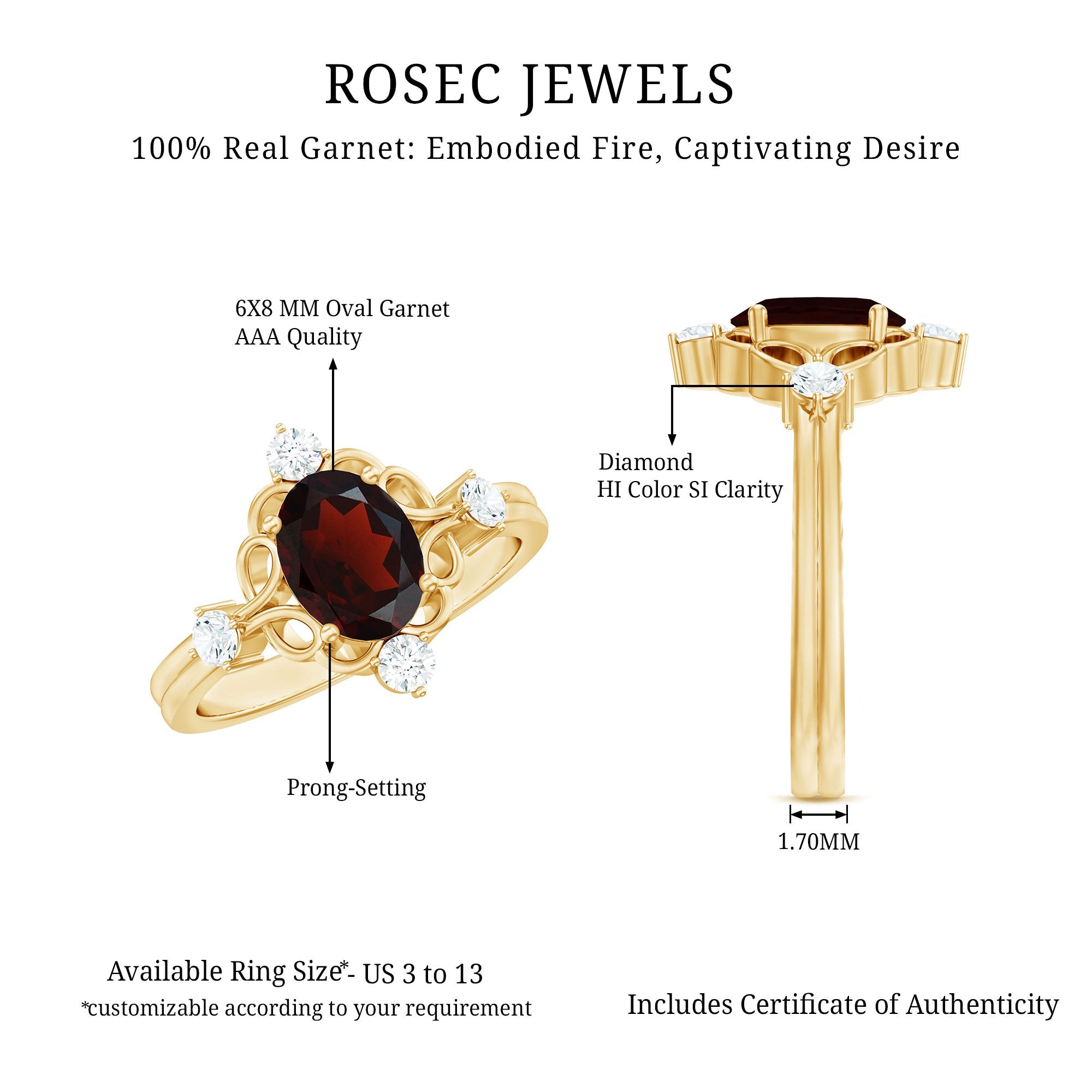Vintage looking 1.5 Carat Oval Garnet Engagement Ring with Diamond