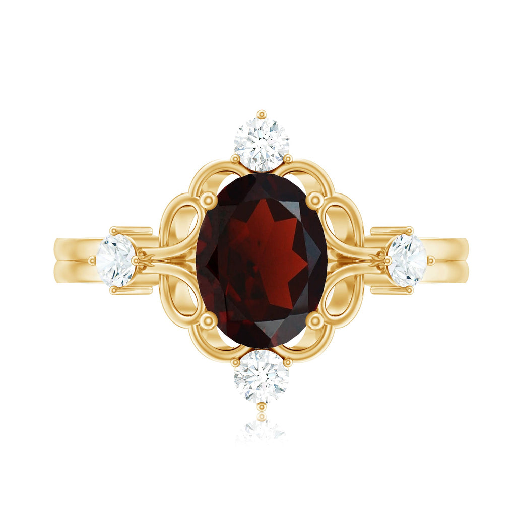Vintage looking 1.5 Carat Oval Garnet Engagement Ring with Diamond