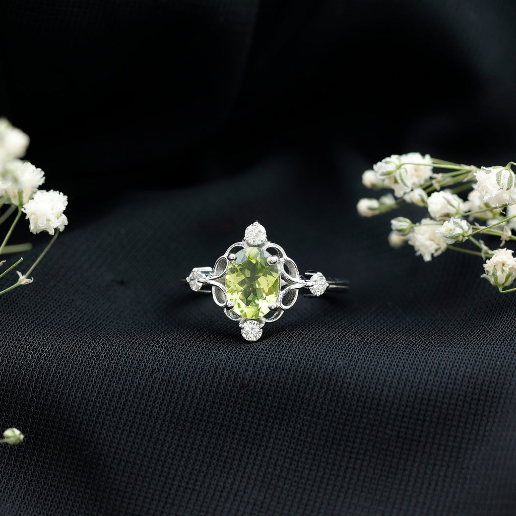 Peridot Cocktail Ring – Oval Peridot Ring with Diamond Solitaire Style