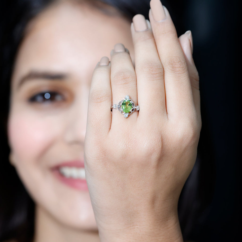 Peridot Cocktail Ring – Oval Peridot Ring with Diamond Solitaire Style