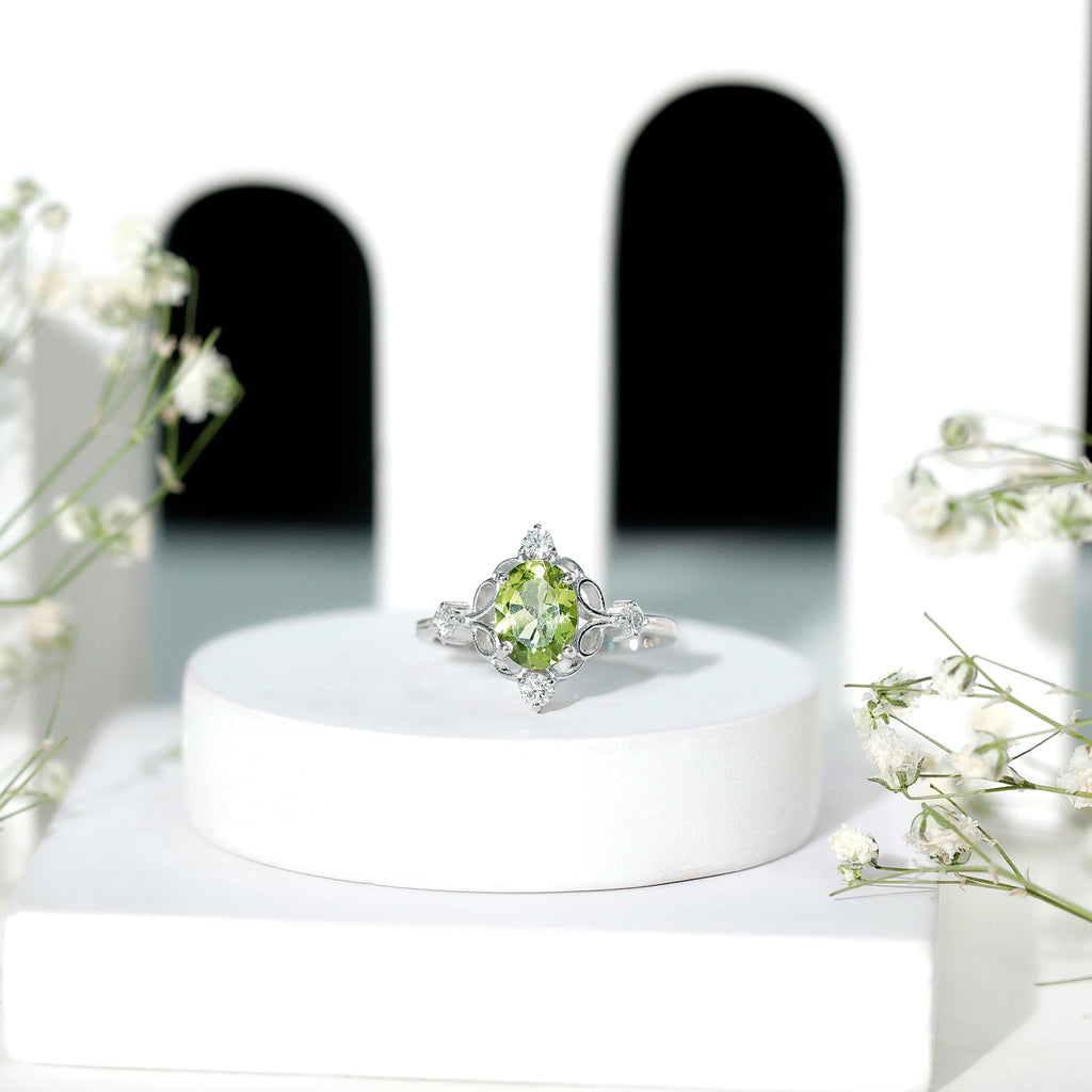 Peridot Cocktail Ring – Oval Peridot Ring with Diamond Solitaire Style