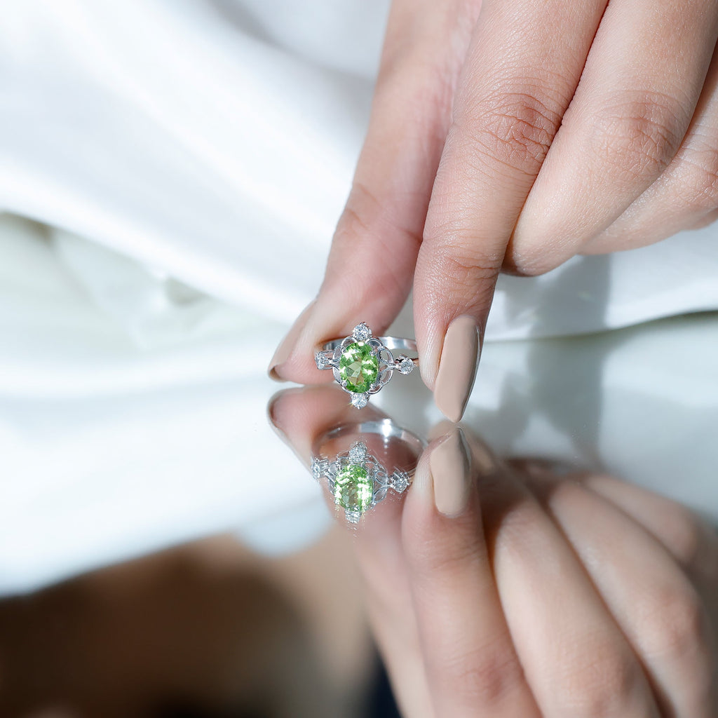 Peridot Cocktail Ring – Oval Peridot Ring with Diamond Solitaire Style