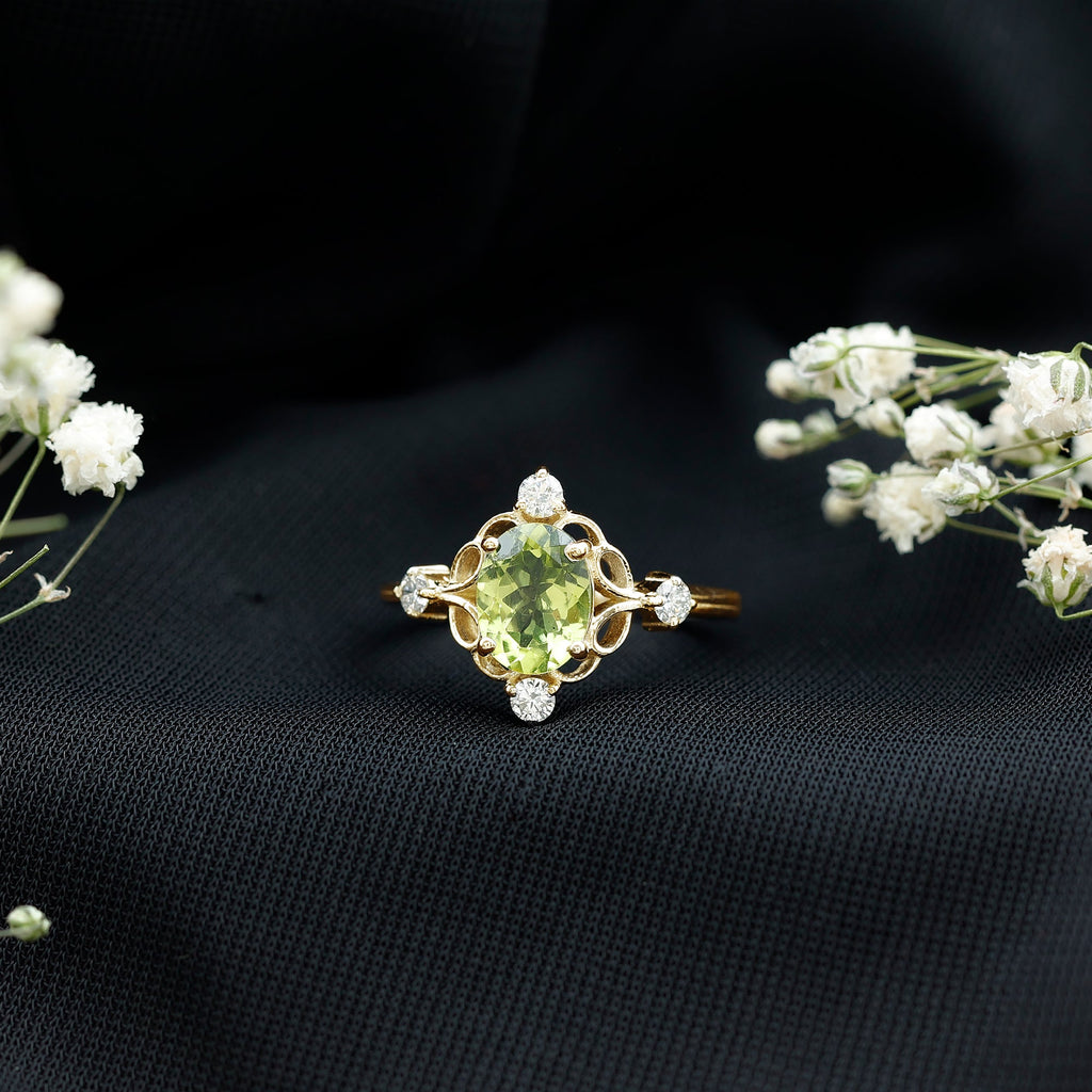 Peridot Cocktail Ring – Oval Peridot Ring with Diamond Solitaire Style
