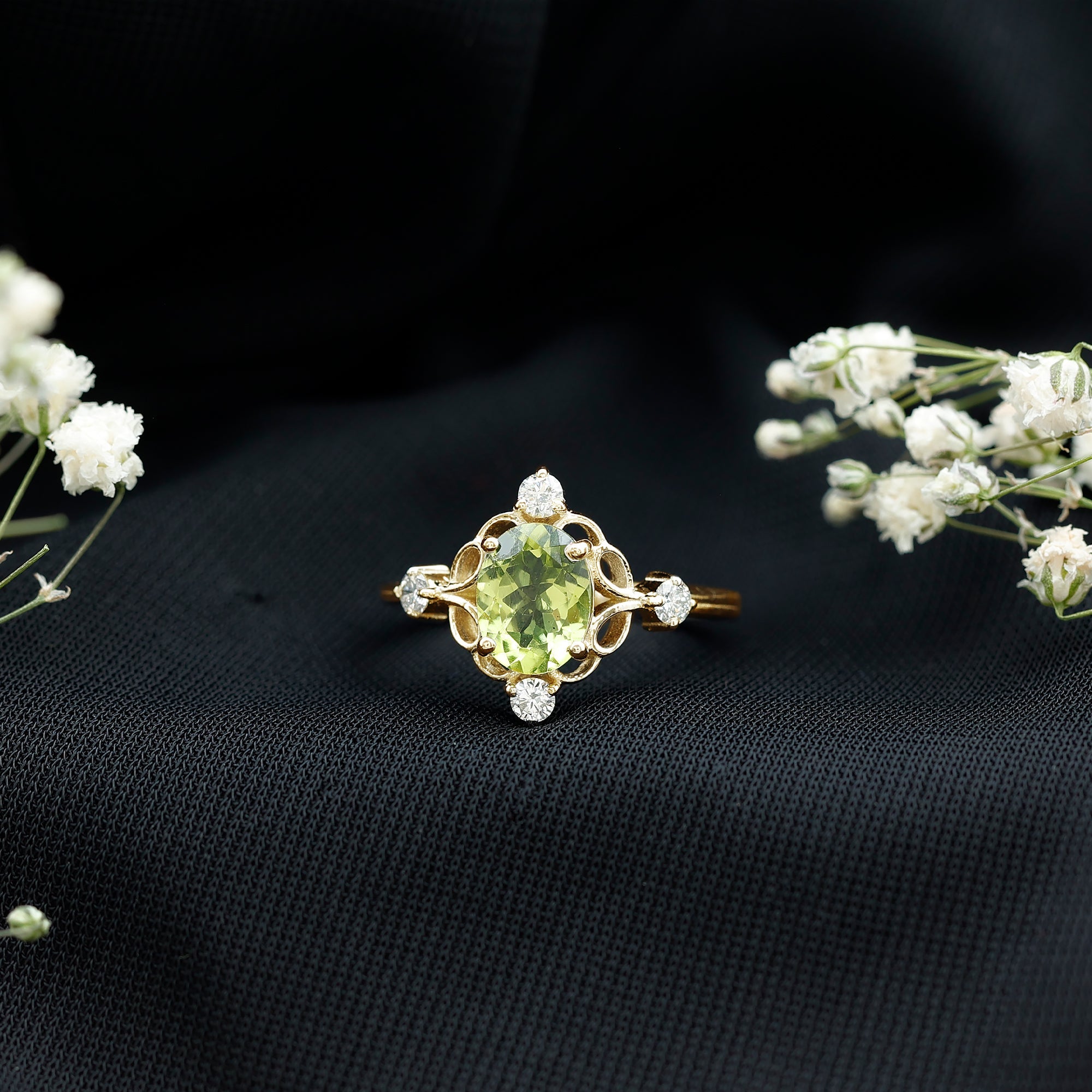 Peridot Cocktail Ring – Oval Peridot Ring with Diamond Solitaire Style