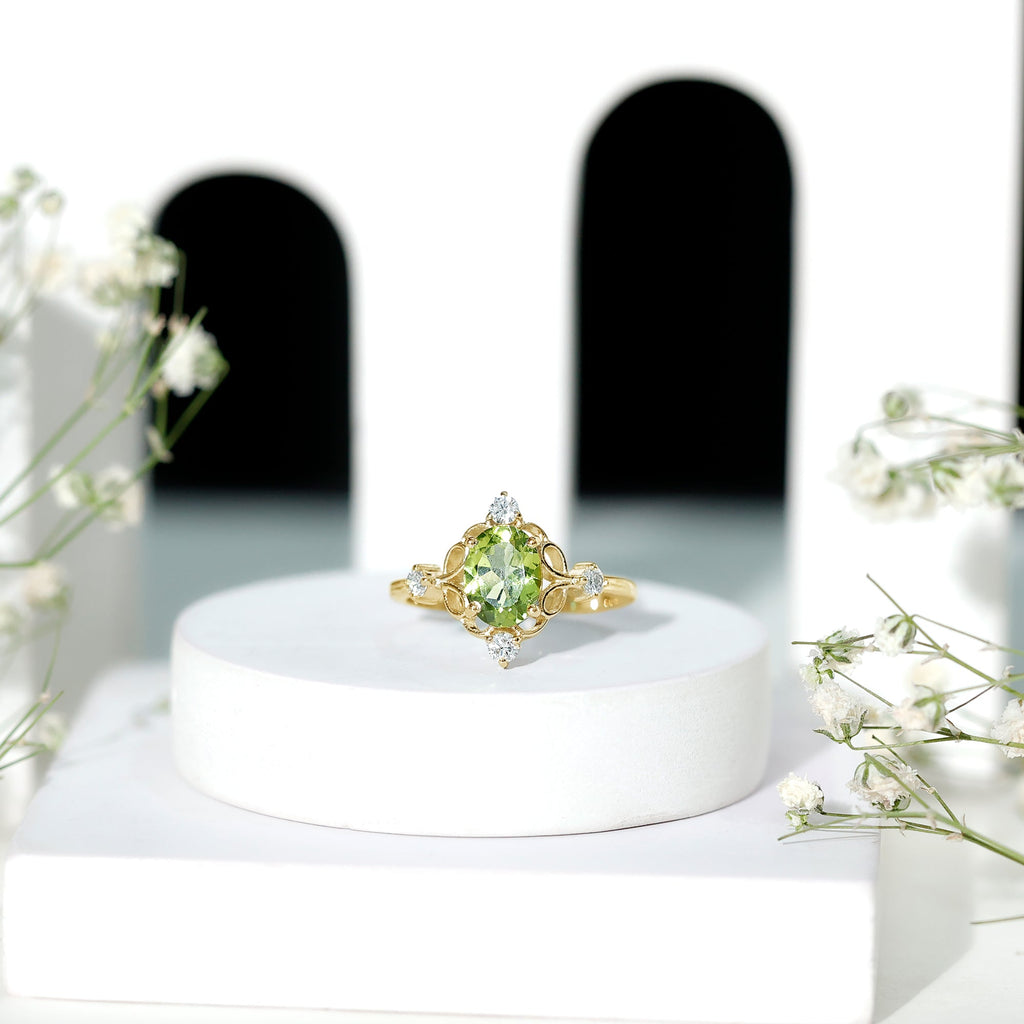 Peridot Cocktail Ring – Oval Peridot Ring with Diamond Solitaire Style
