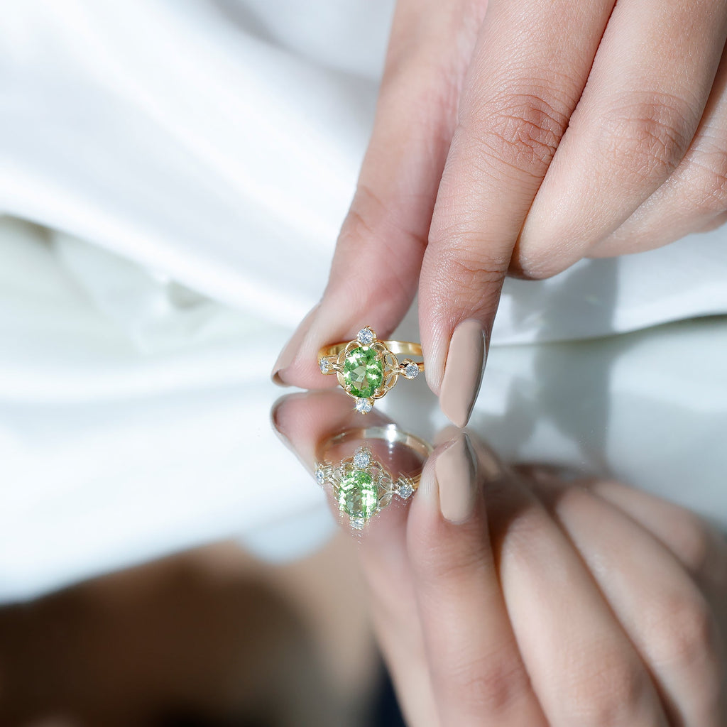Peridot Cocktail Ring – Oval Peridot Ring with Diamond Solitaire Style