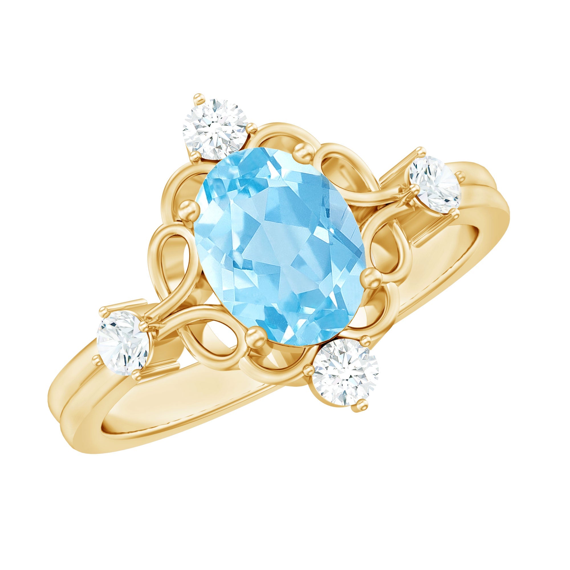 Aquamarine Cocktail Ring – Art Deco Oval 1 Carat Diamond Prong Setting