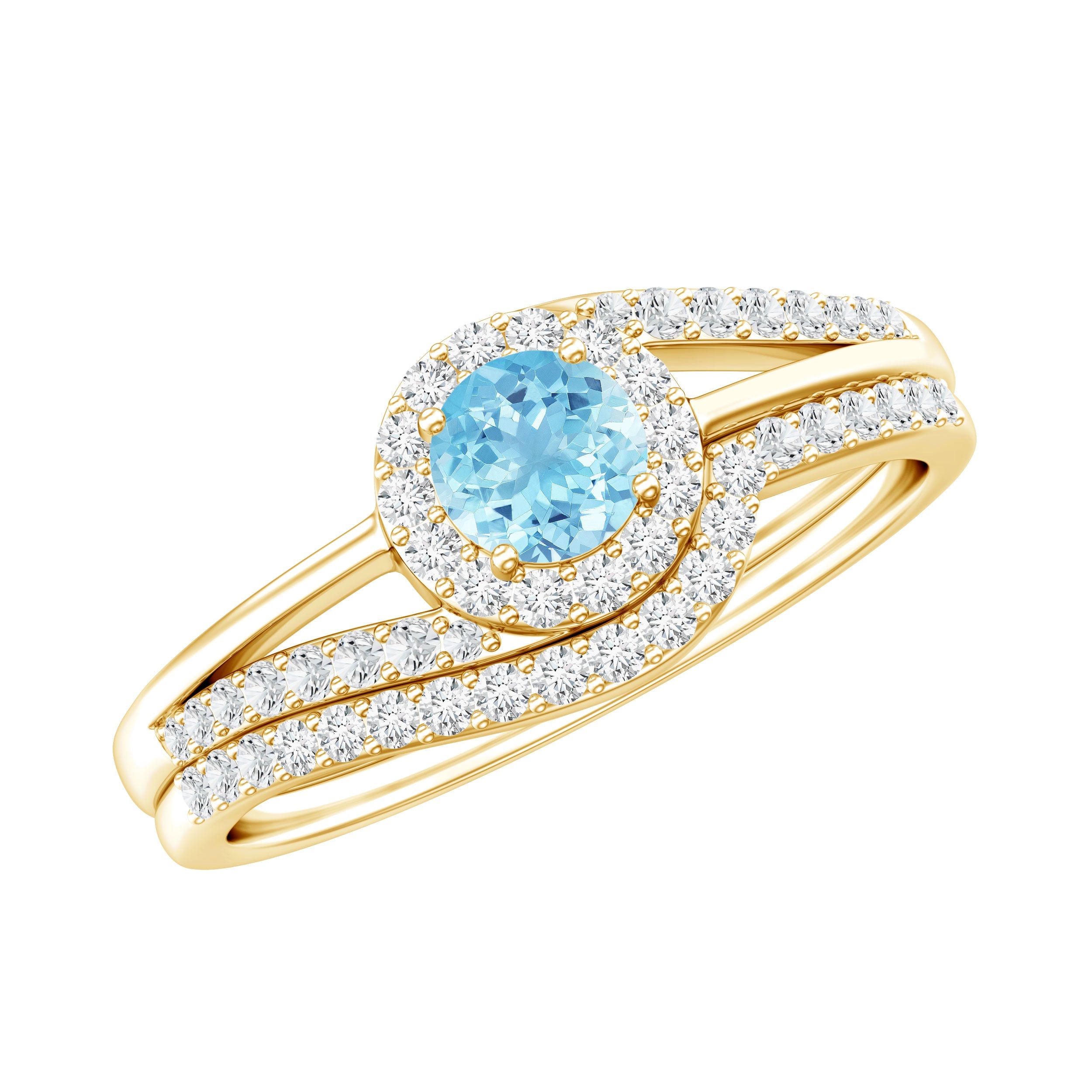 Aquamarine Engagement Ring – Elegant Bypass Ring Set with Halo Diamond Wedding Band