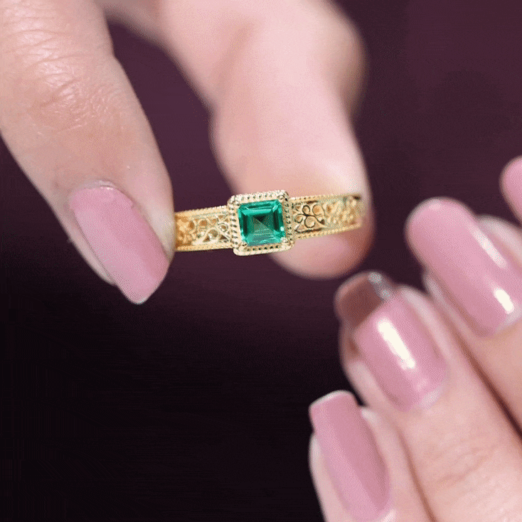 Lab Grown Emerald Ring – Vintage Style Princess Cut Filigree Promise Ring