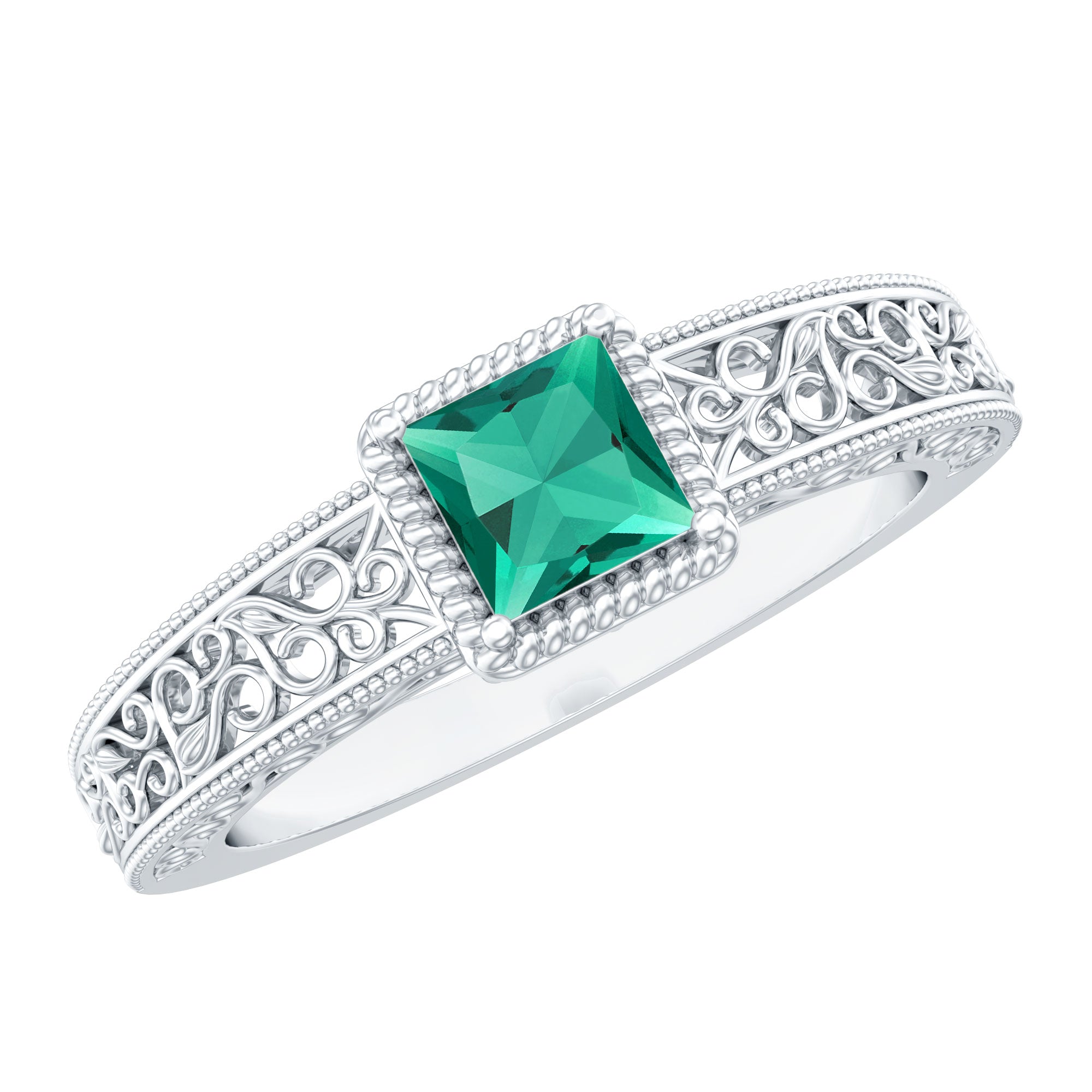 Lab Grown Emerald Ring – Vintage Style Princess Cut Filigree Promise Ring
