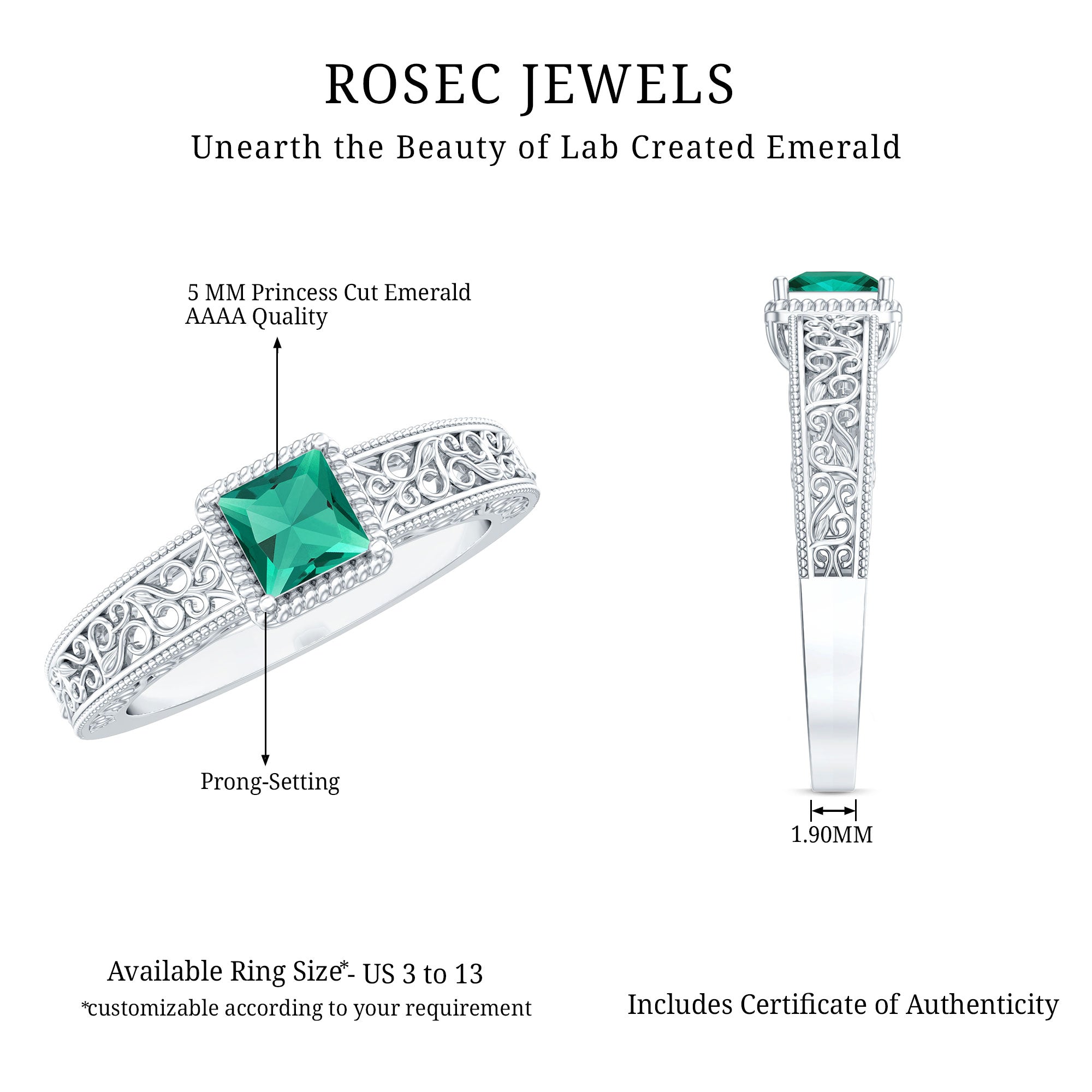 Lab Grown Emerald Ring – Vintage Style Princess Cut Filigree Promise Ring
