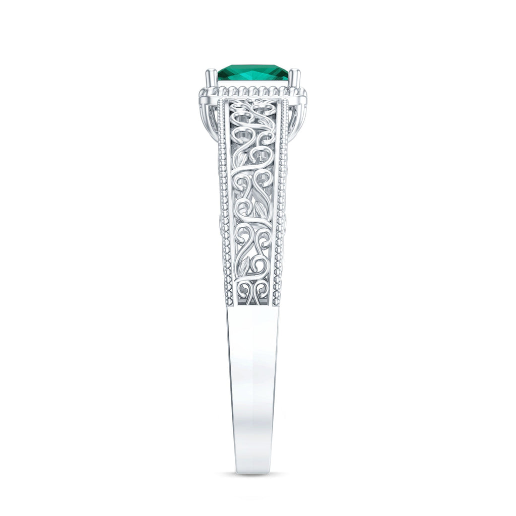Lab Grown Emerald Ring – Vintage Style Princess Cut Filigree Promise Ring