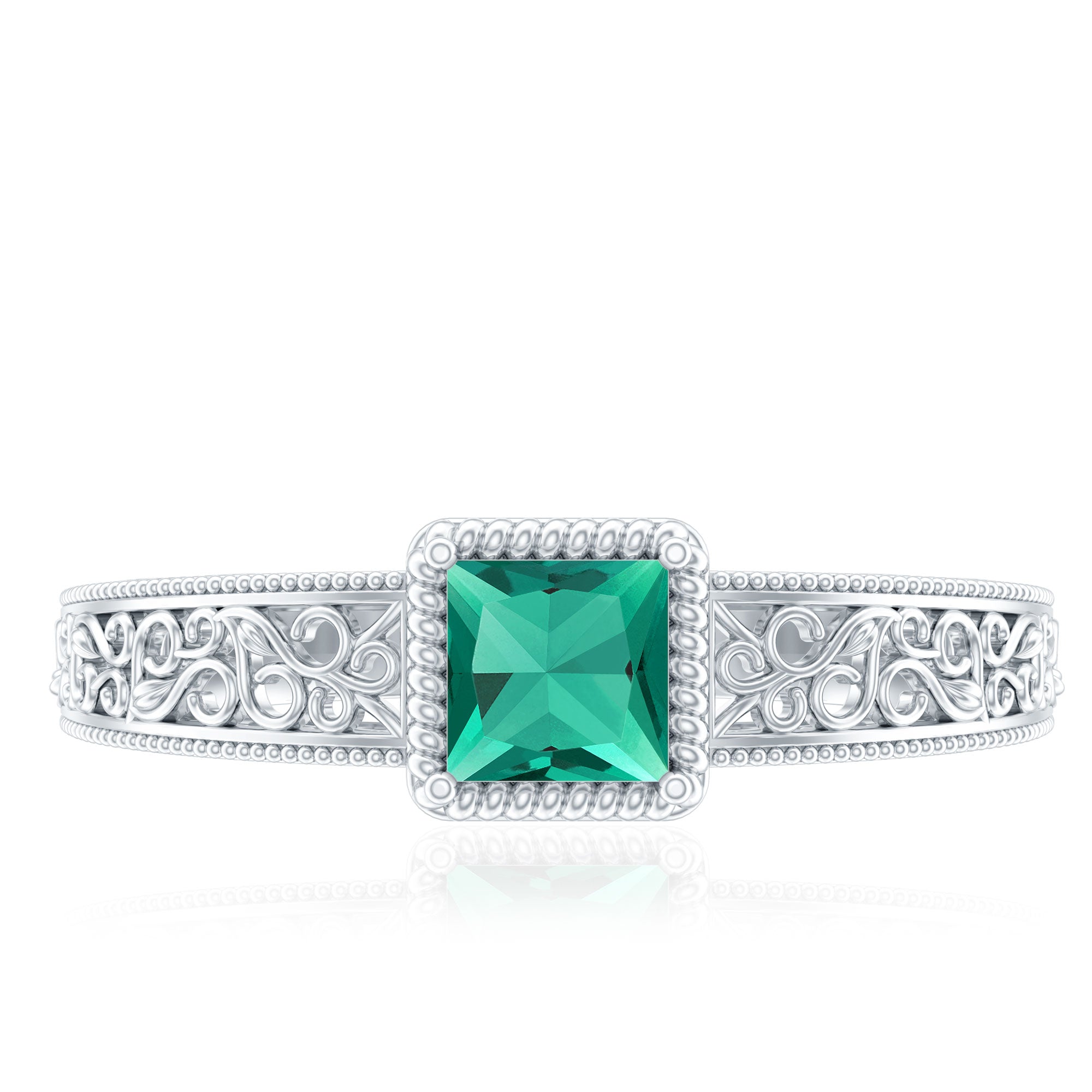 Lab Grown Emerald Ring – Vintage Style Princess Cut Filigree Promise Ring