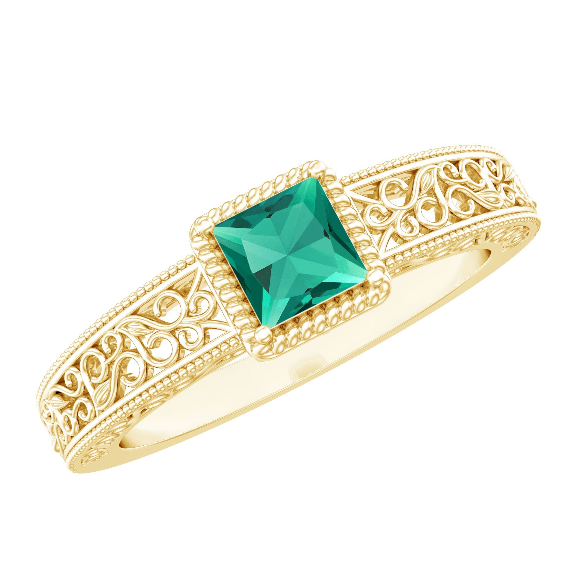 Lab Grown Emerald Ring – Vintage Style Princess Cut Filigree Promise Ring