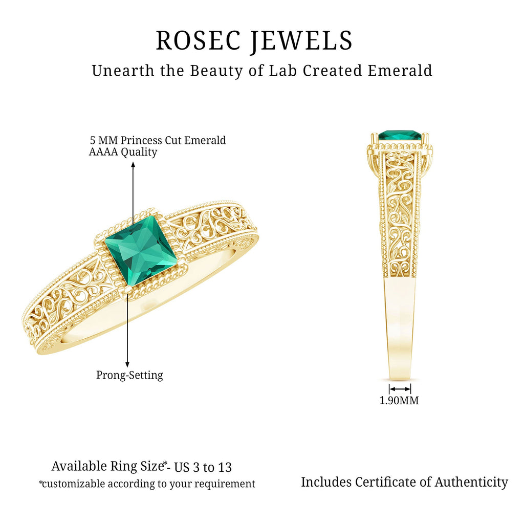 Lab Grown Emerald Ring – Vintage Style Princess Cut Filigree Promise Ring