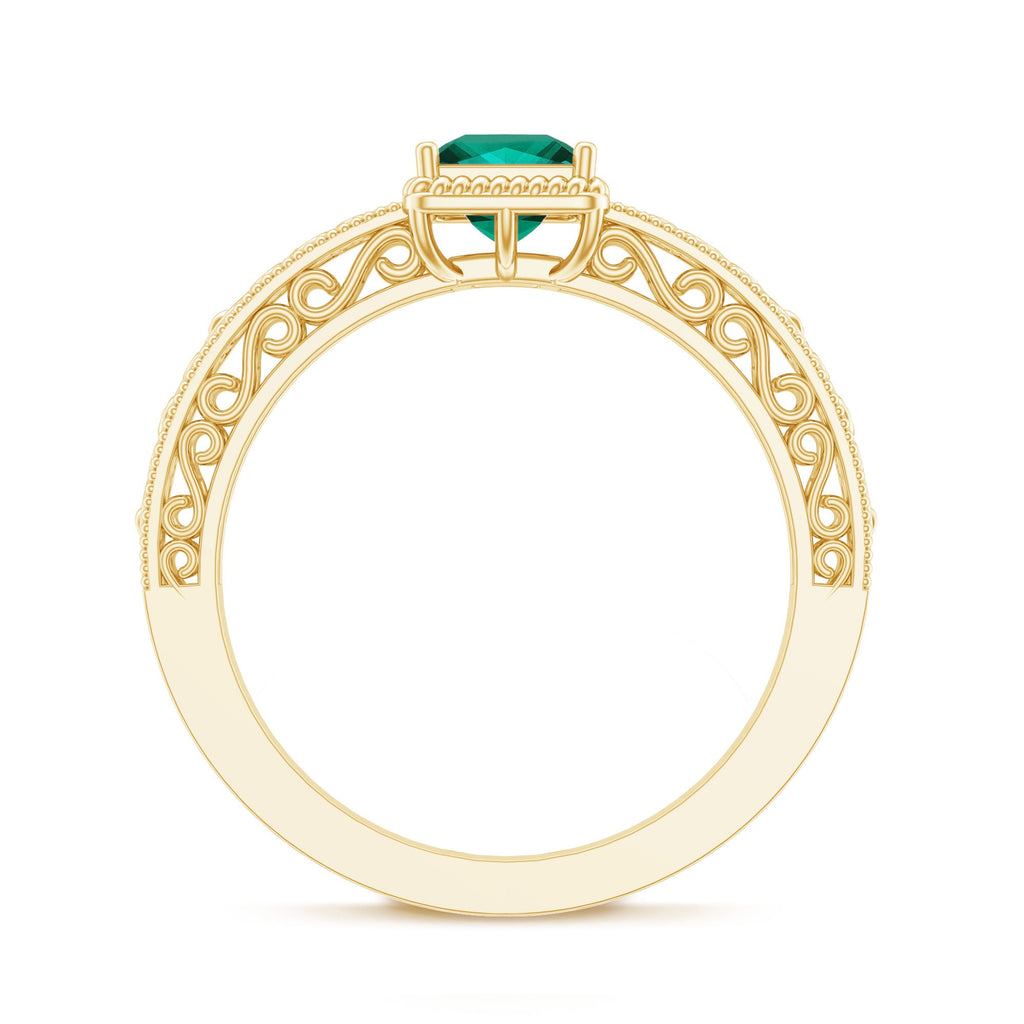 Lab Grown Emerald Ring – Vintage Style Princess Cut Filigree Promise Ring