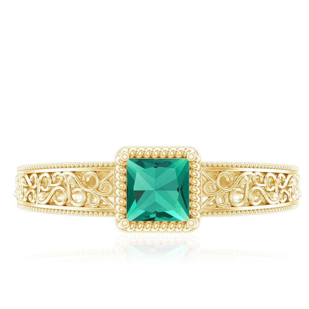 Lab Grown Emerald Ring – Vintage Style Princess Cut Filigree Promise Ring