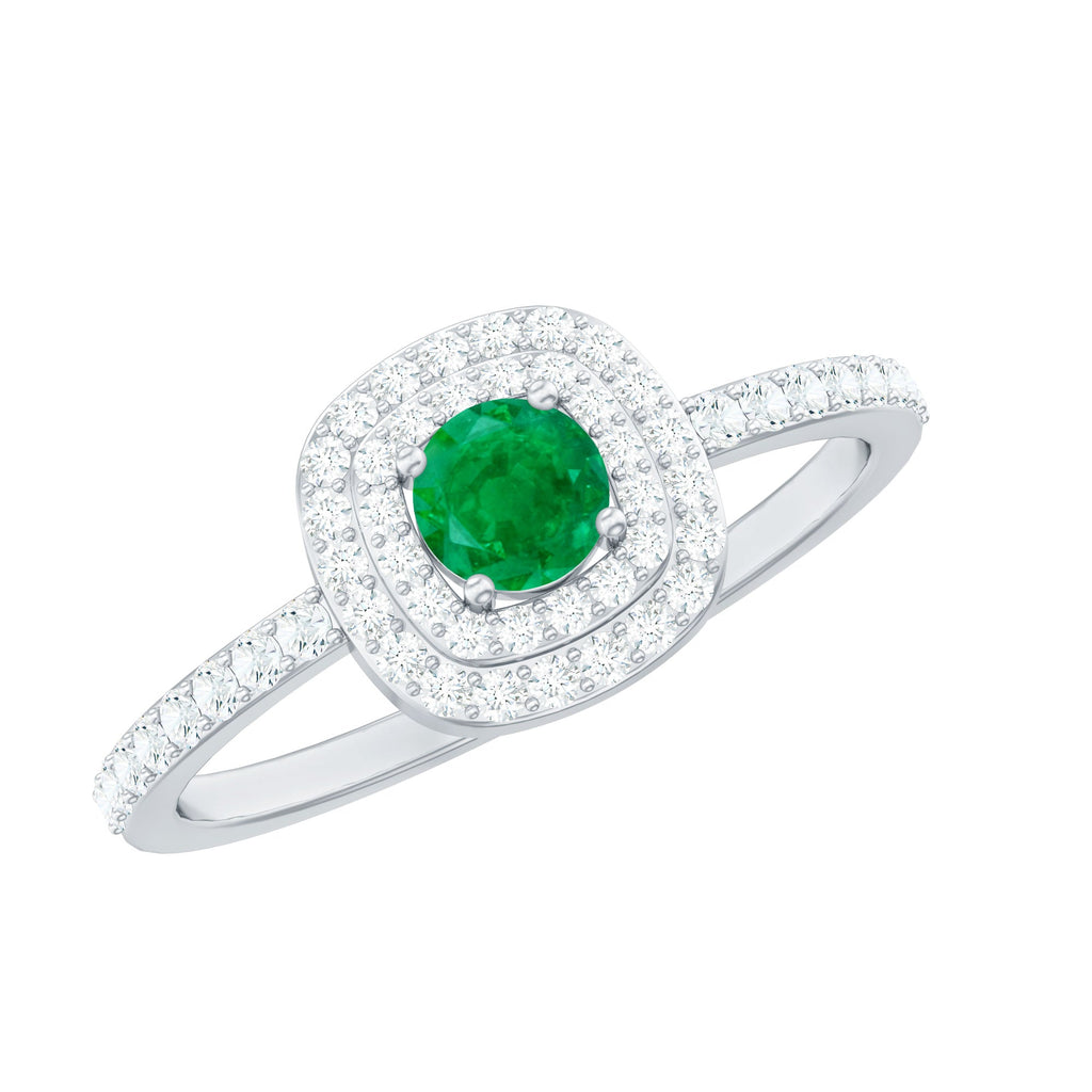 Emerald Engagement Ring – Round Emerald Ring with Diamond Double Halo Design