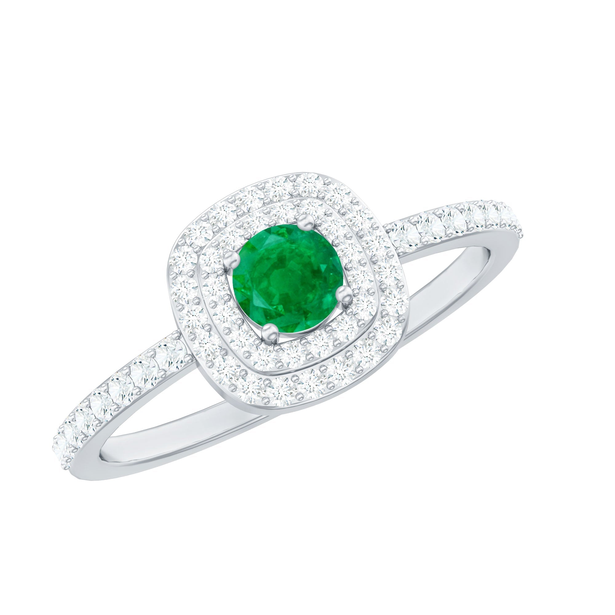 Emerald Engagement Ring – Round Emerald Ring with Diamond Double Halo Design