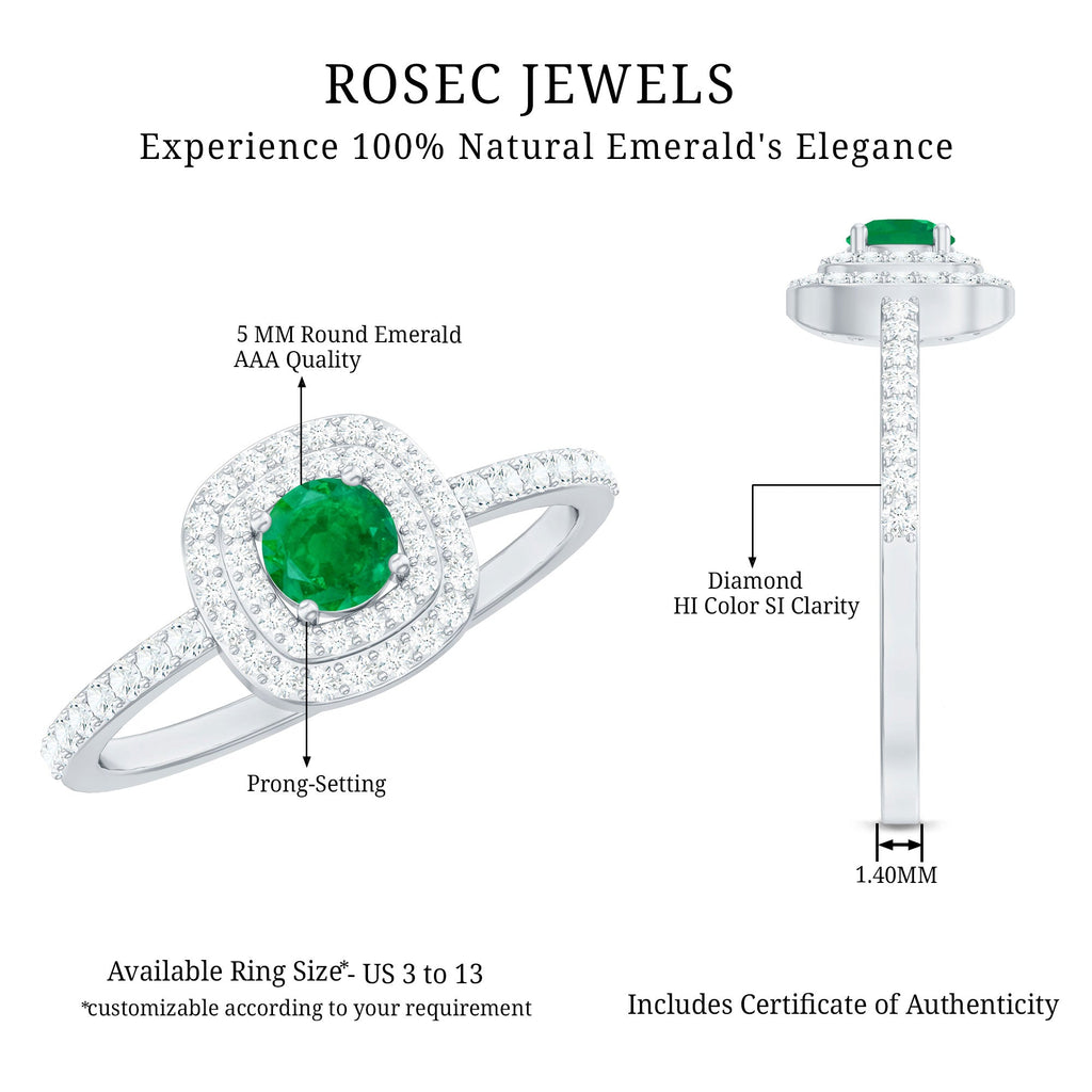 Emerald Engagement Ring – Round Emerald Ring with Diamond Double Halo Design