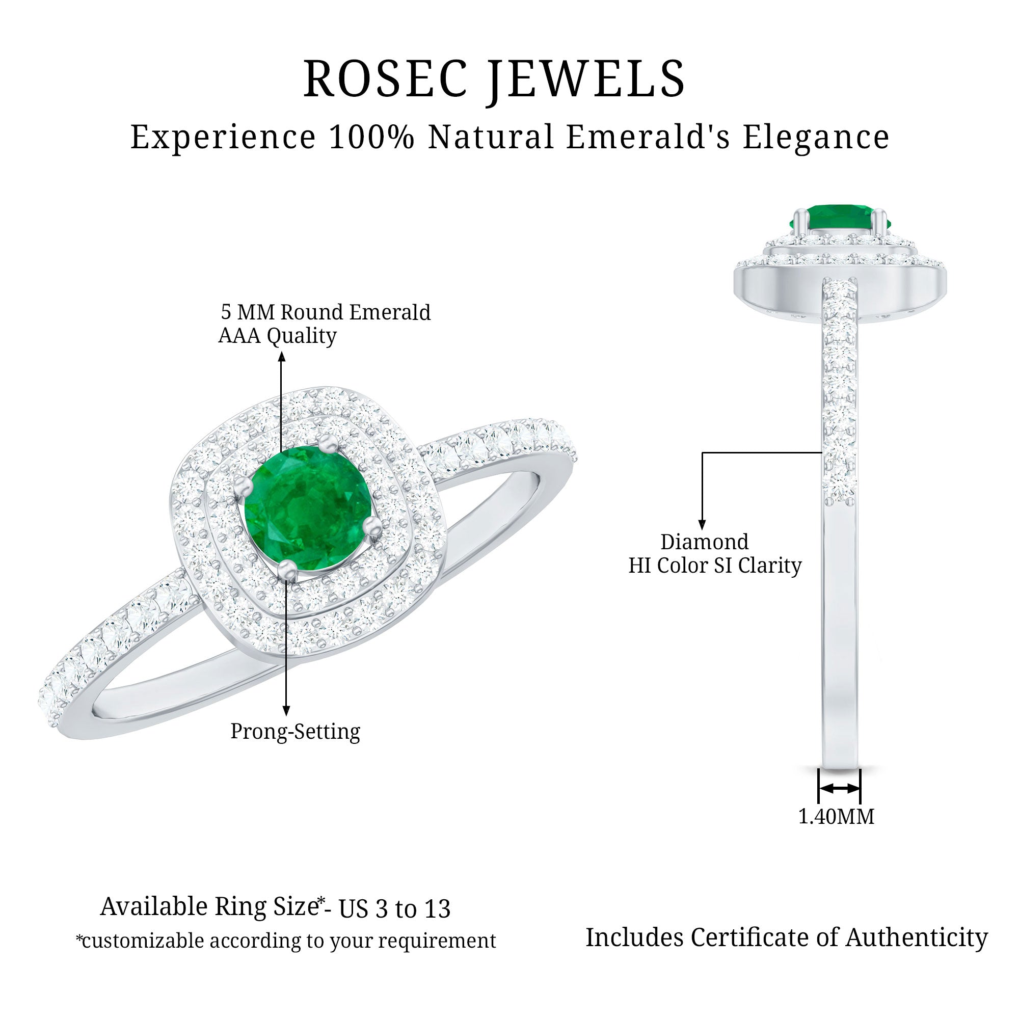 Emerald Engagement Ring – Round Emerald Ring with Diamond Double Halo Design