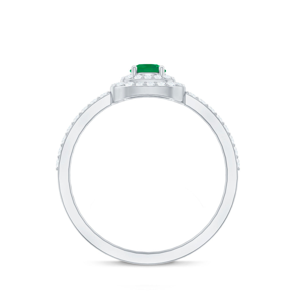Emerald Engagement Ring – Round Emerald Ring with Diamond Double Halo Design