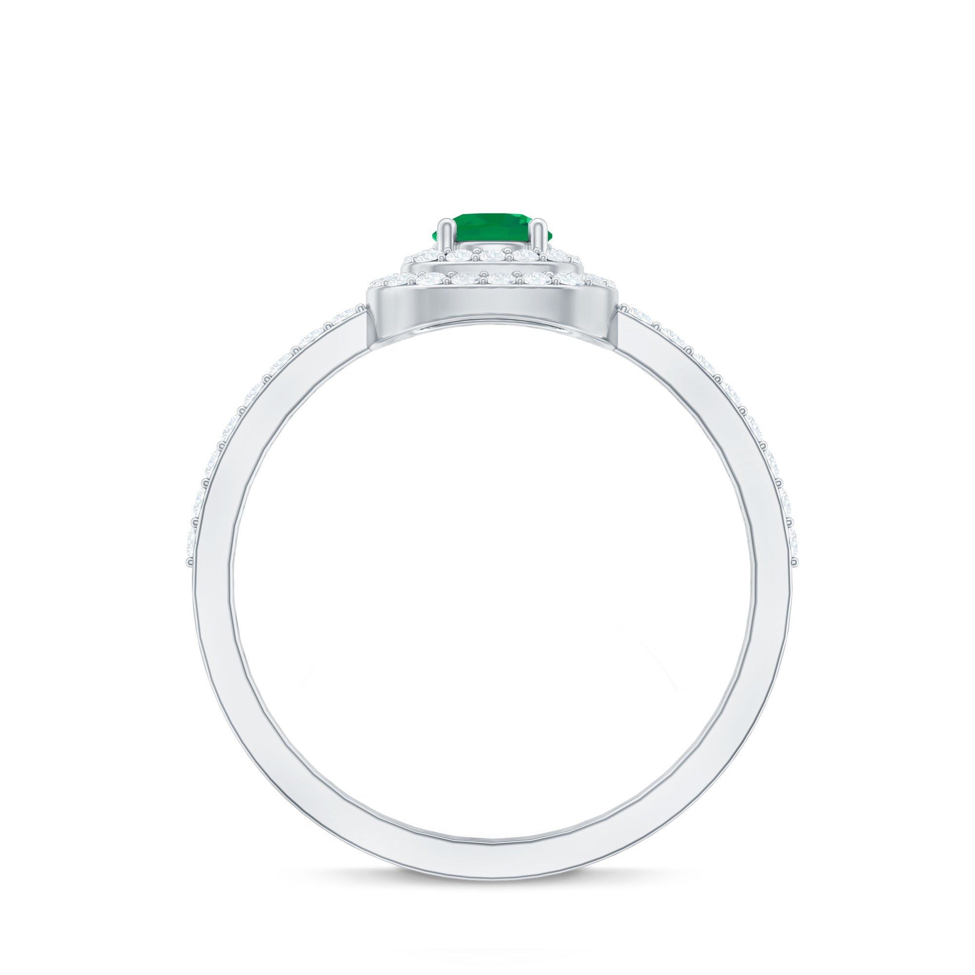 Emerald Engagement Ring – Round Emerald Ring with Diamond Double Halo Design