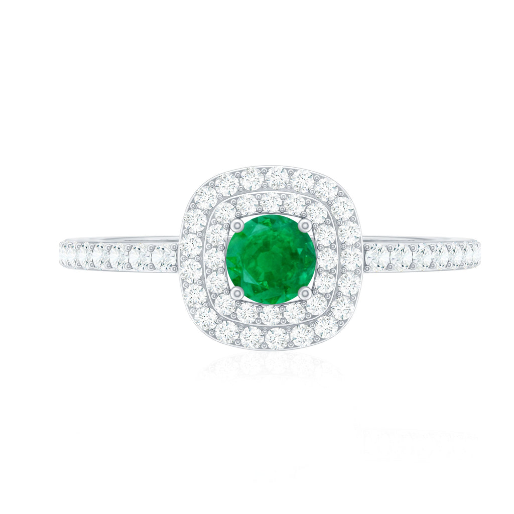 Emerald Engagement Ring – Round Emerald Ring with Diamond Double Halo Design