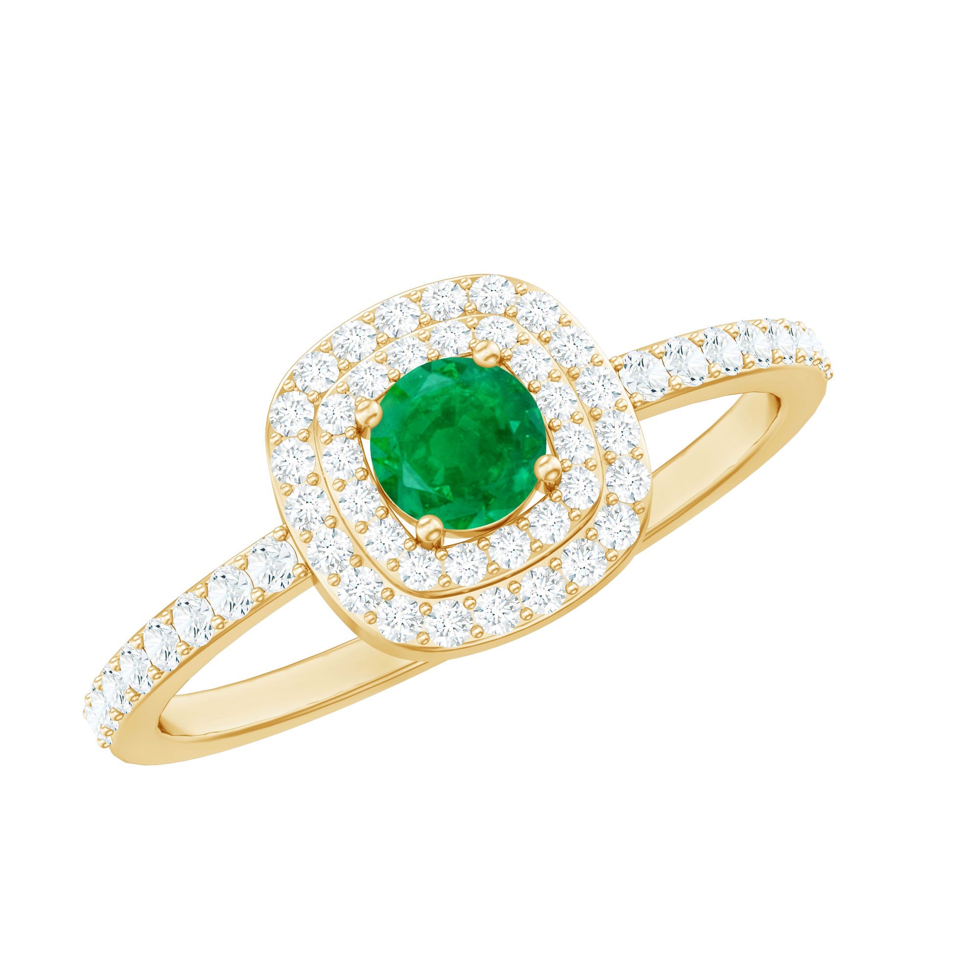 Emerald Engagement Ring – Round Emerald Ring with Diamond Double Halo Design