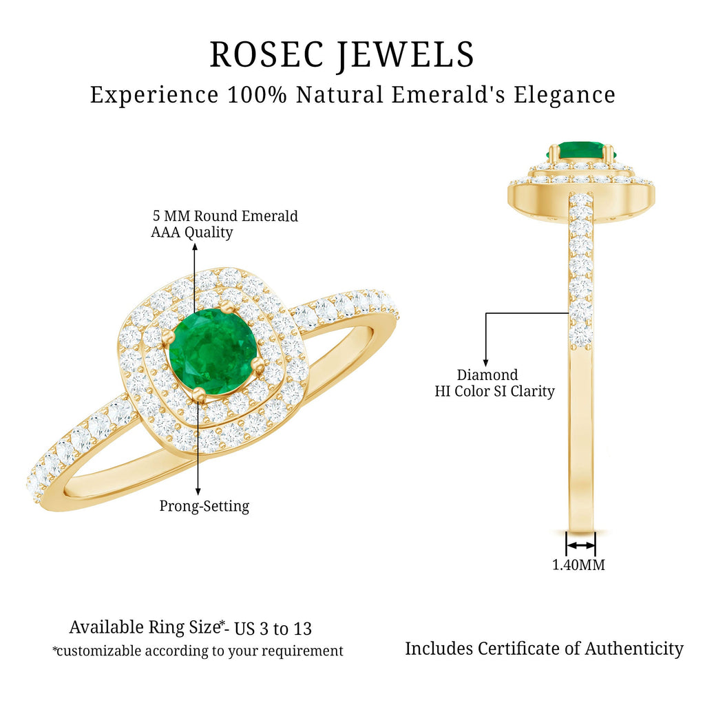 Emerald Engagement Ring – Round Emerald Ring with Diamond Double Halo Design