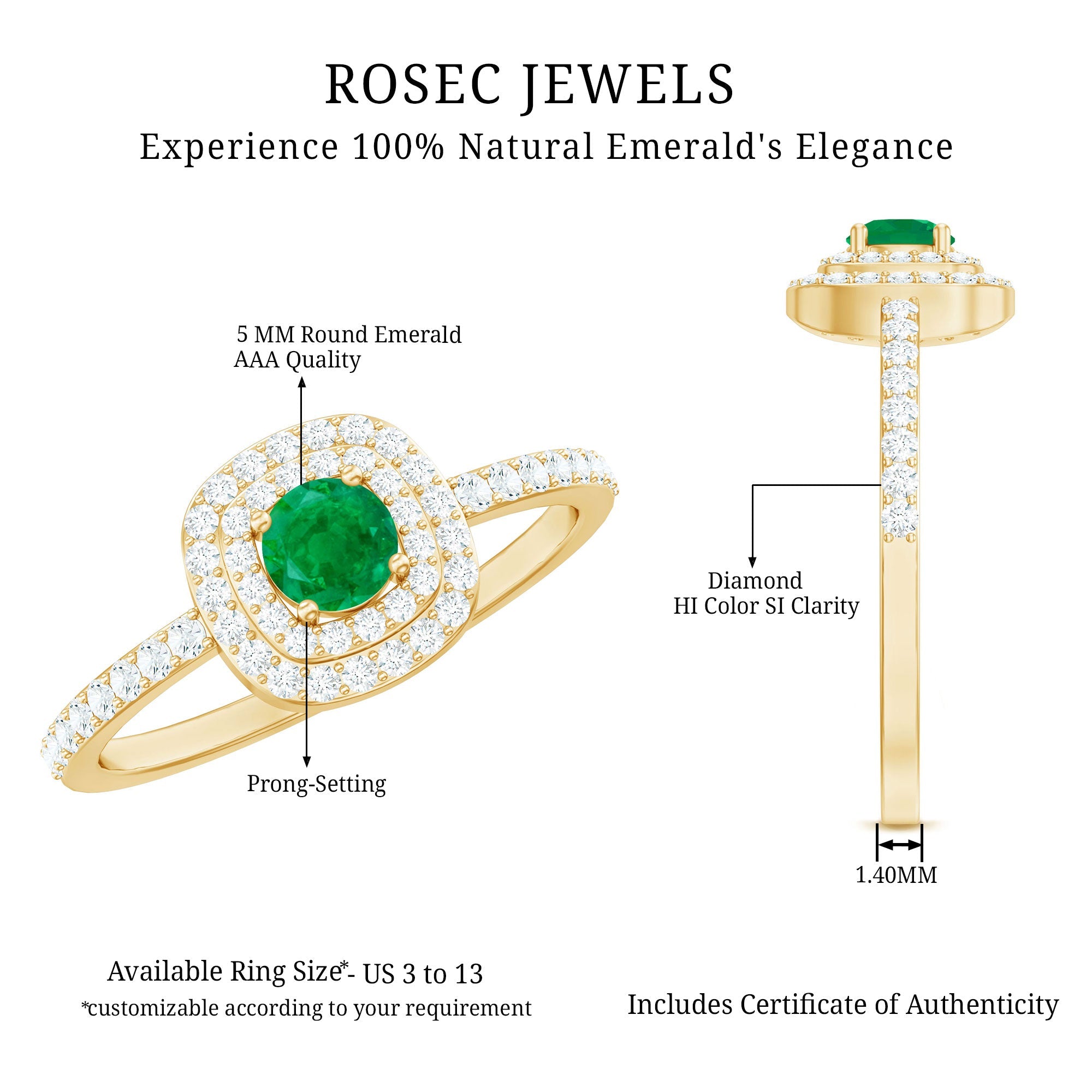 Emerald Engagement Ring – Round Emerald Ring with Diamond Double Halo Design