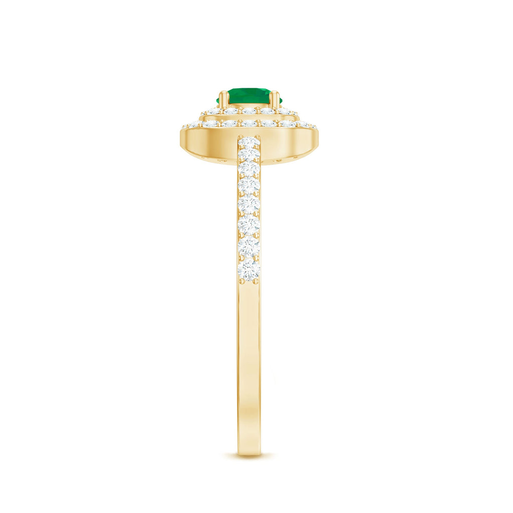 Emerald Engagement Ring – Round Emerald Ring with Diamond Double Halo Design