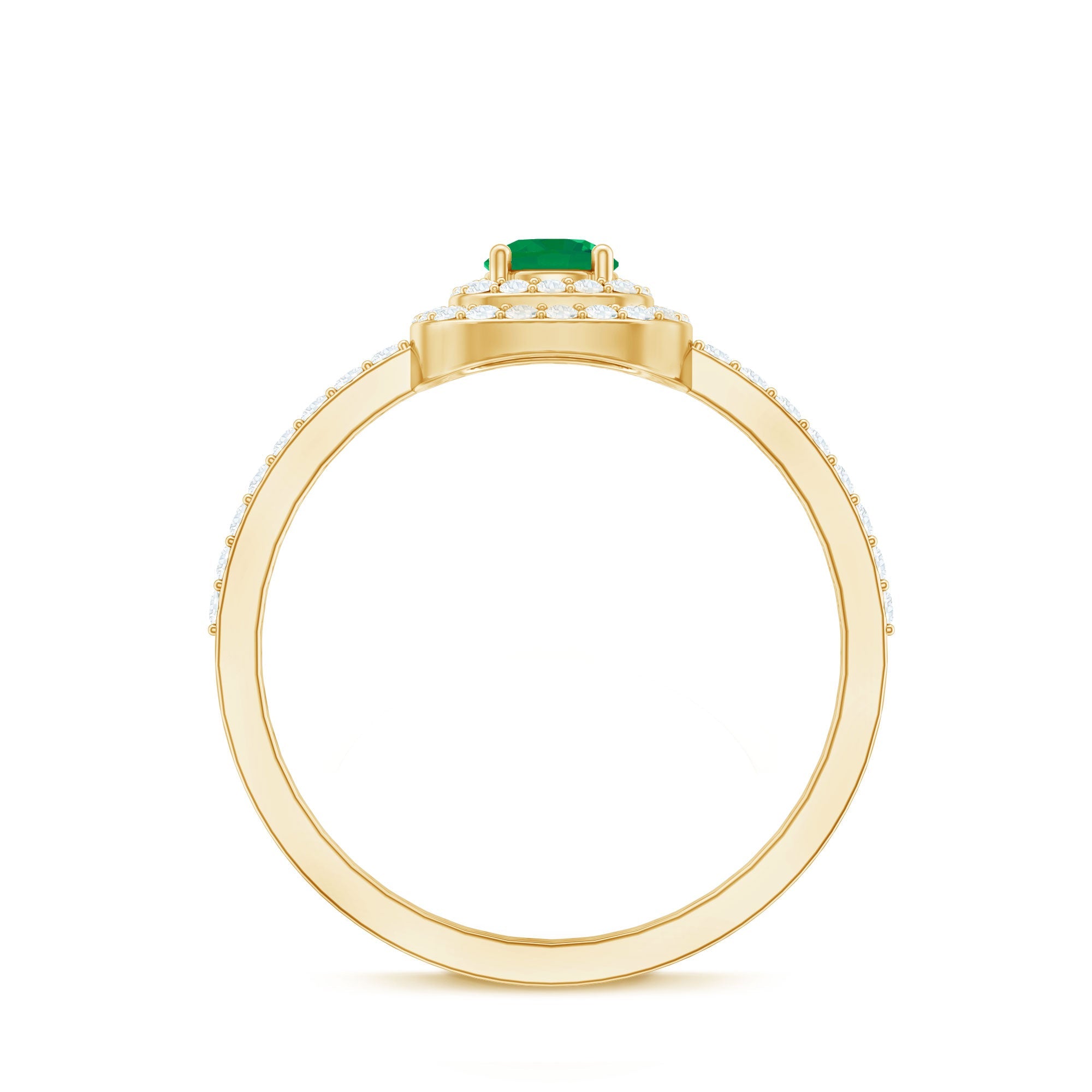 Emerald Engagement Ring – Round Emerald Ring with Diamond Double Halo Design