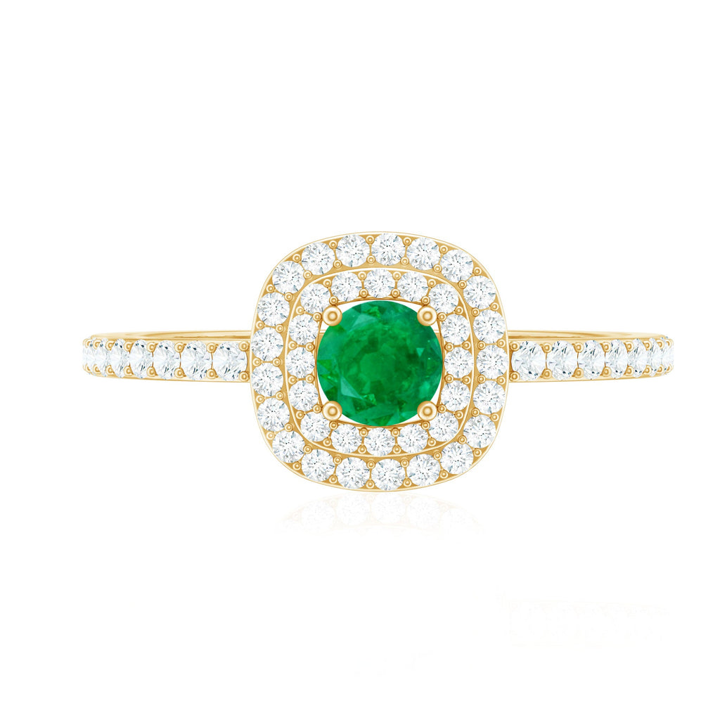 Emerald Engagement Ring – Round Emerald Ring with Diamond Double Halo Design