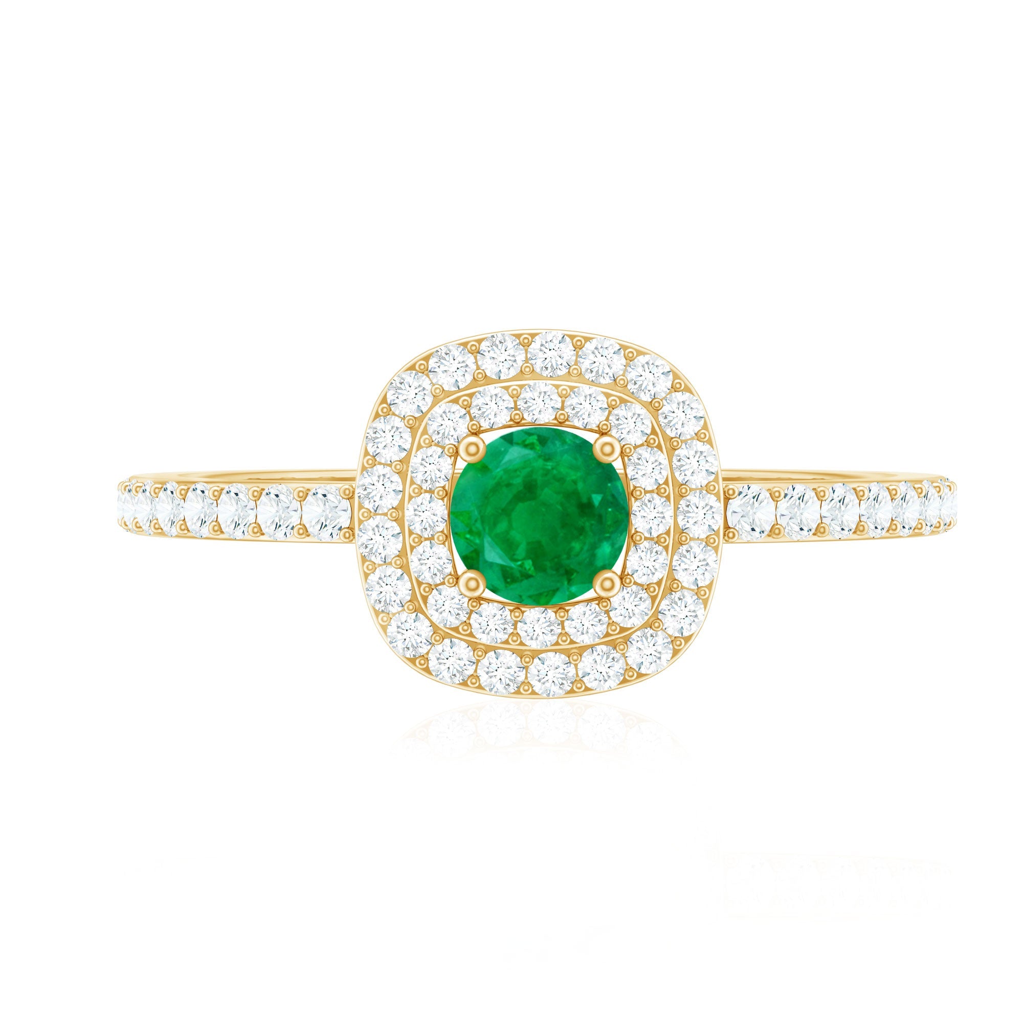 Emerald Engagement Ring – Round Emerald Ring with Diamond Double Halo Design