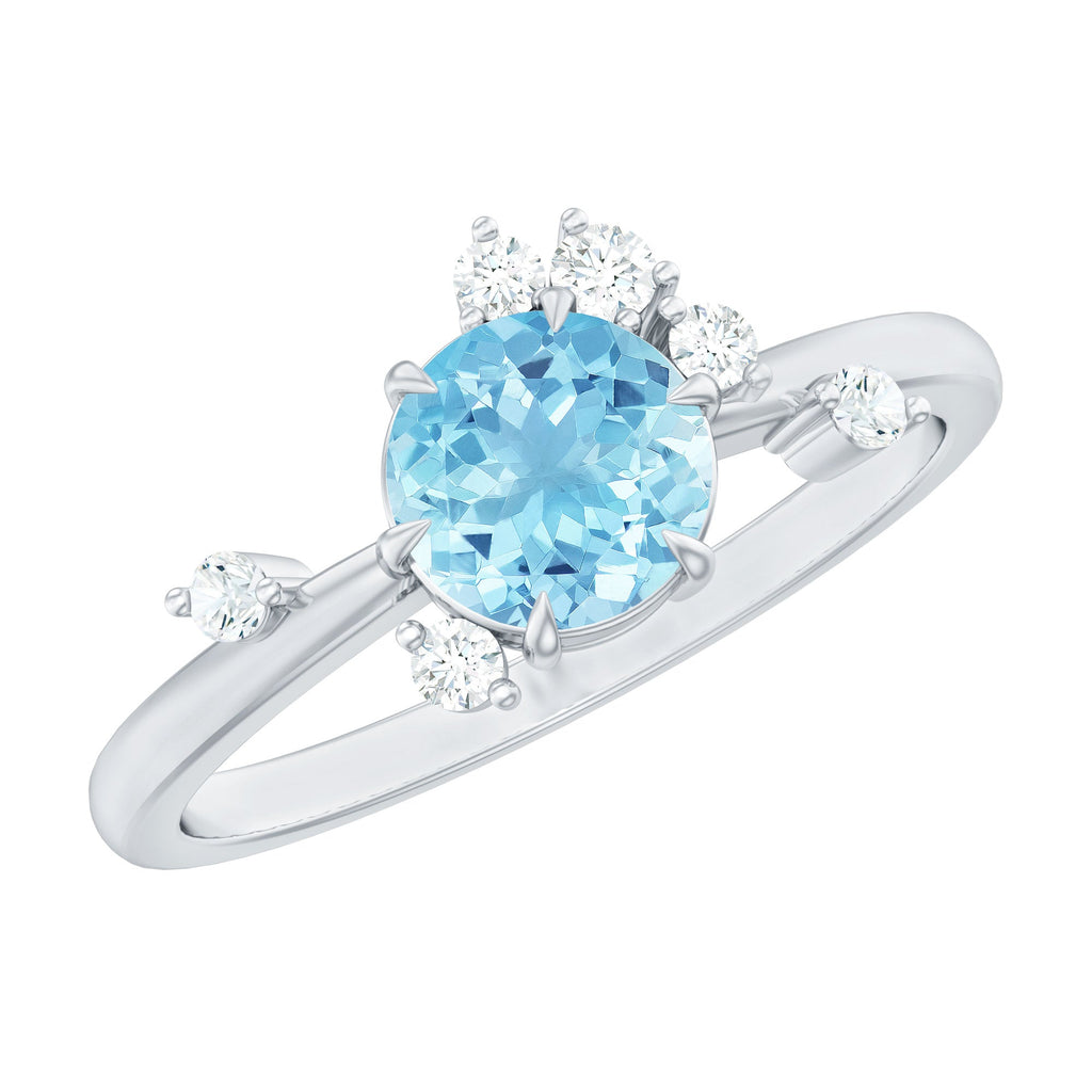 Aquamarine Engagement Ring – Round Aquamarine Promise Ring with Diamond Scatter Design