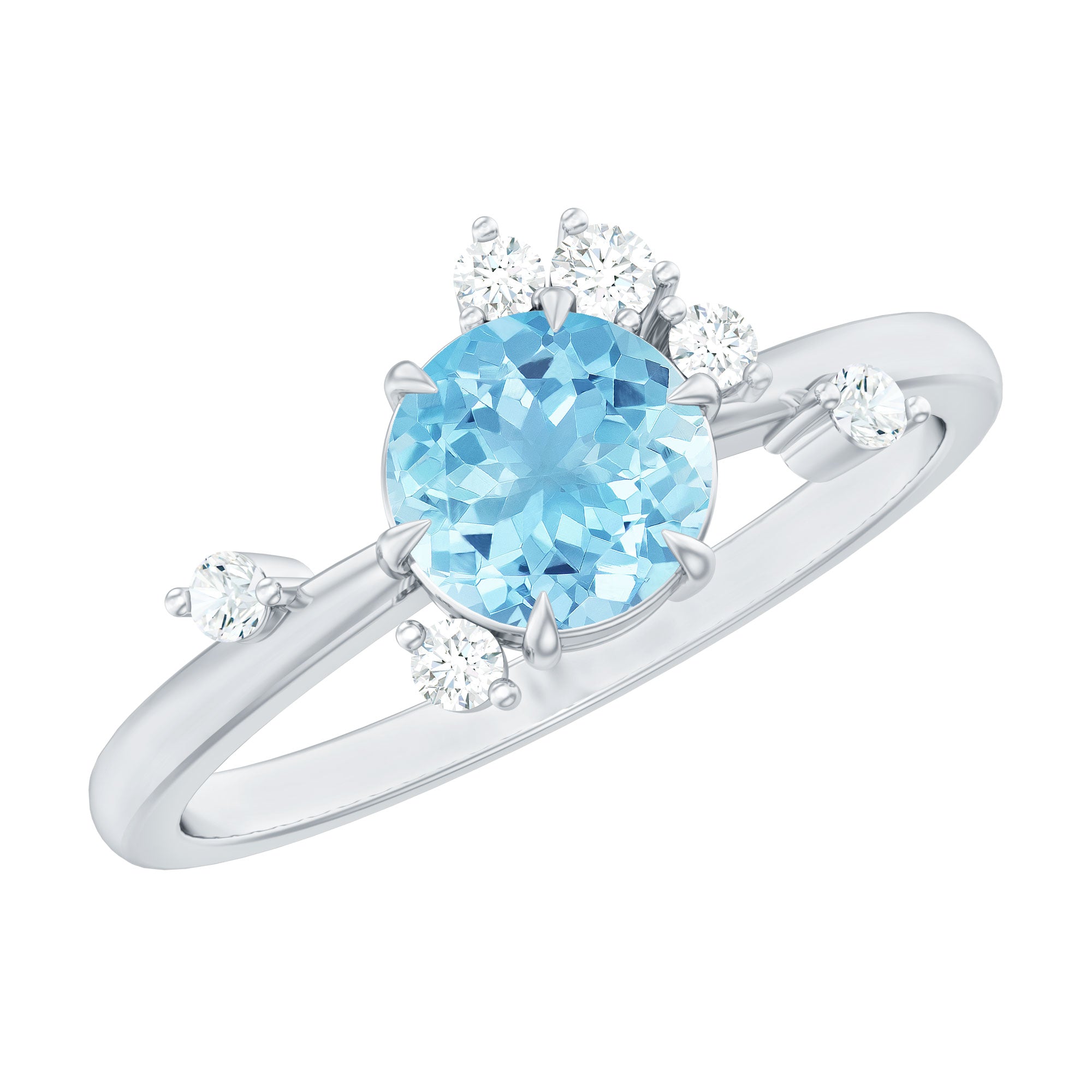 Aquamarine Engagement Ring – Round Aquamarine Promise Ring with Diamond Scatter Design