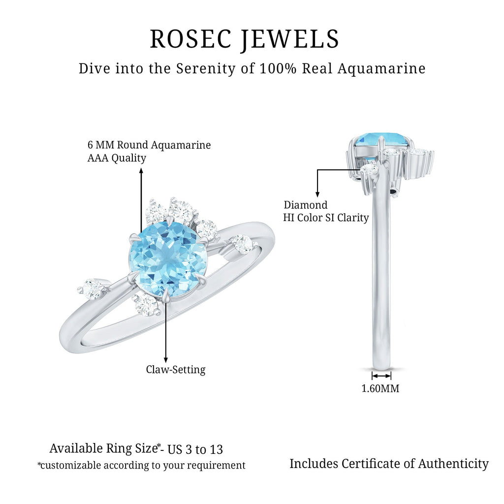 Aquamarine Engagement Ring – Round Aquamarine Promise Ring with Diamond Scatter Design
