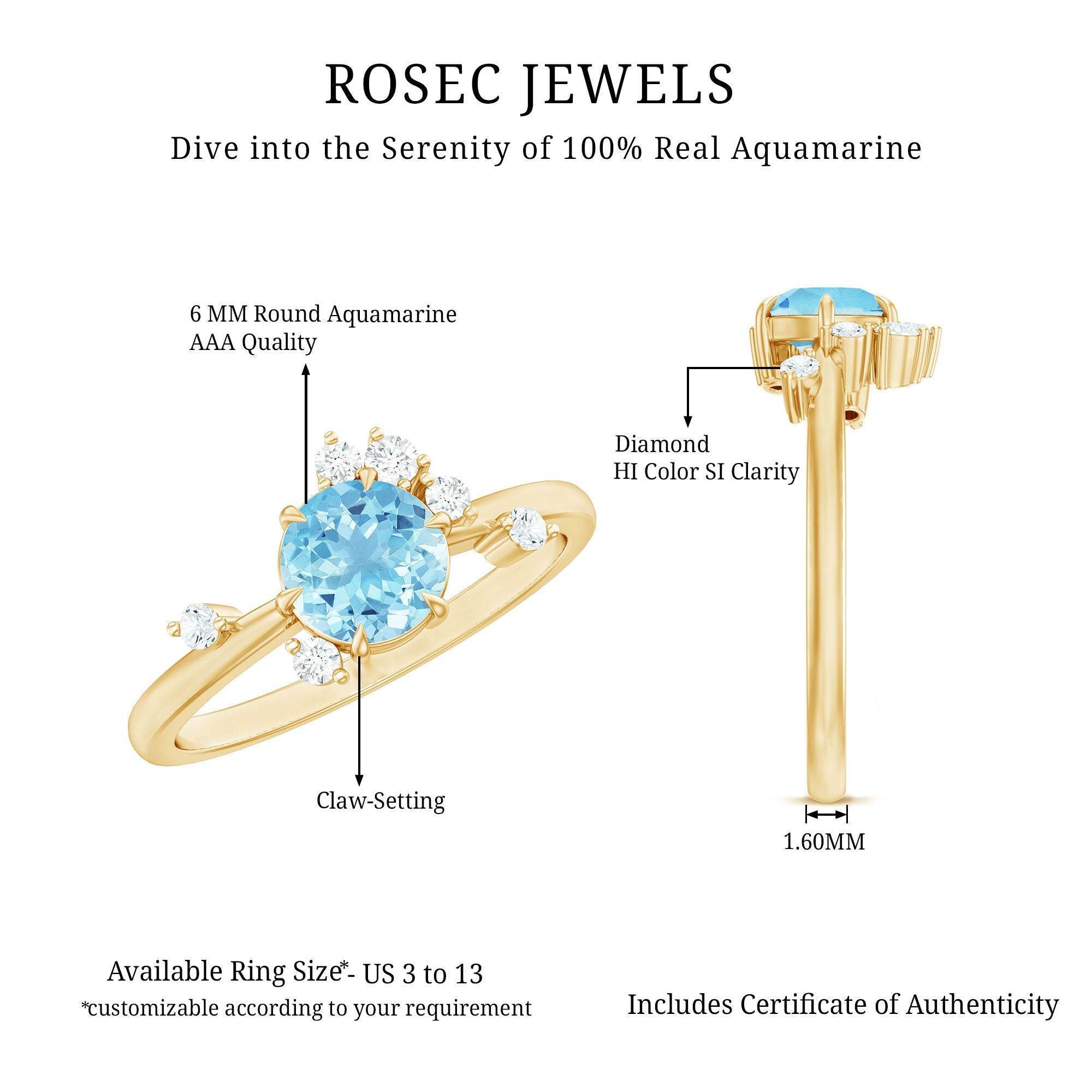 Aquamarine Engagement Ring – Round Aquamarine Promise Ring with Diamond Scatter Design