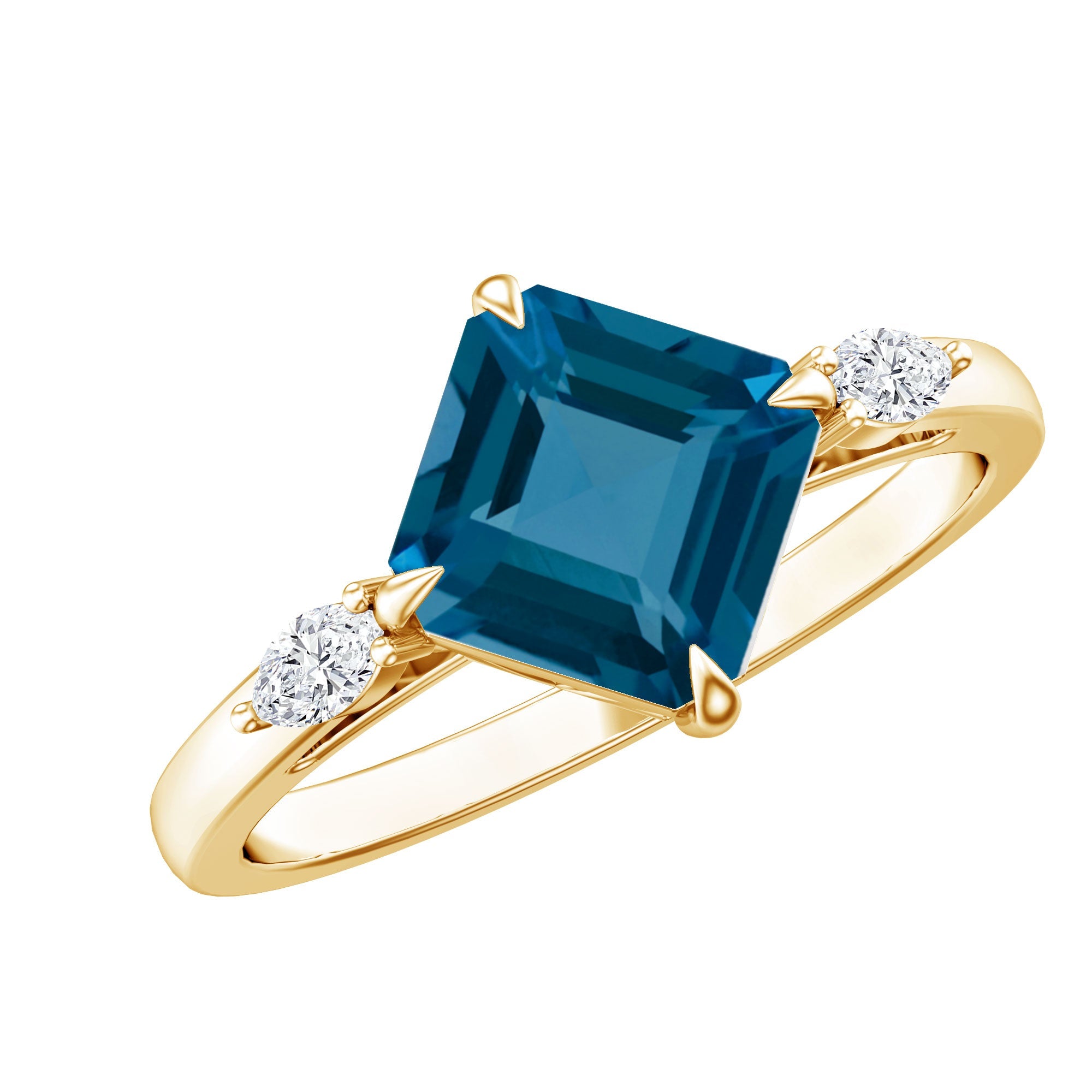 3 Carat Asscher Cut London Blue Topaz Diagonal Solitaire Ring with Marquise Diamond