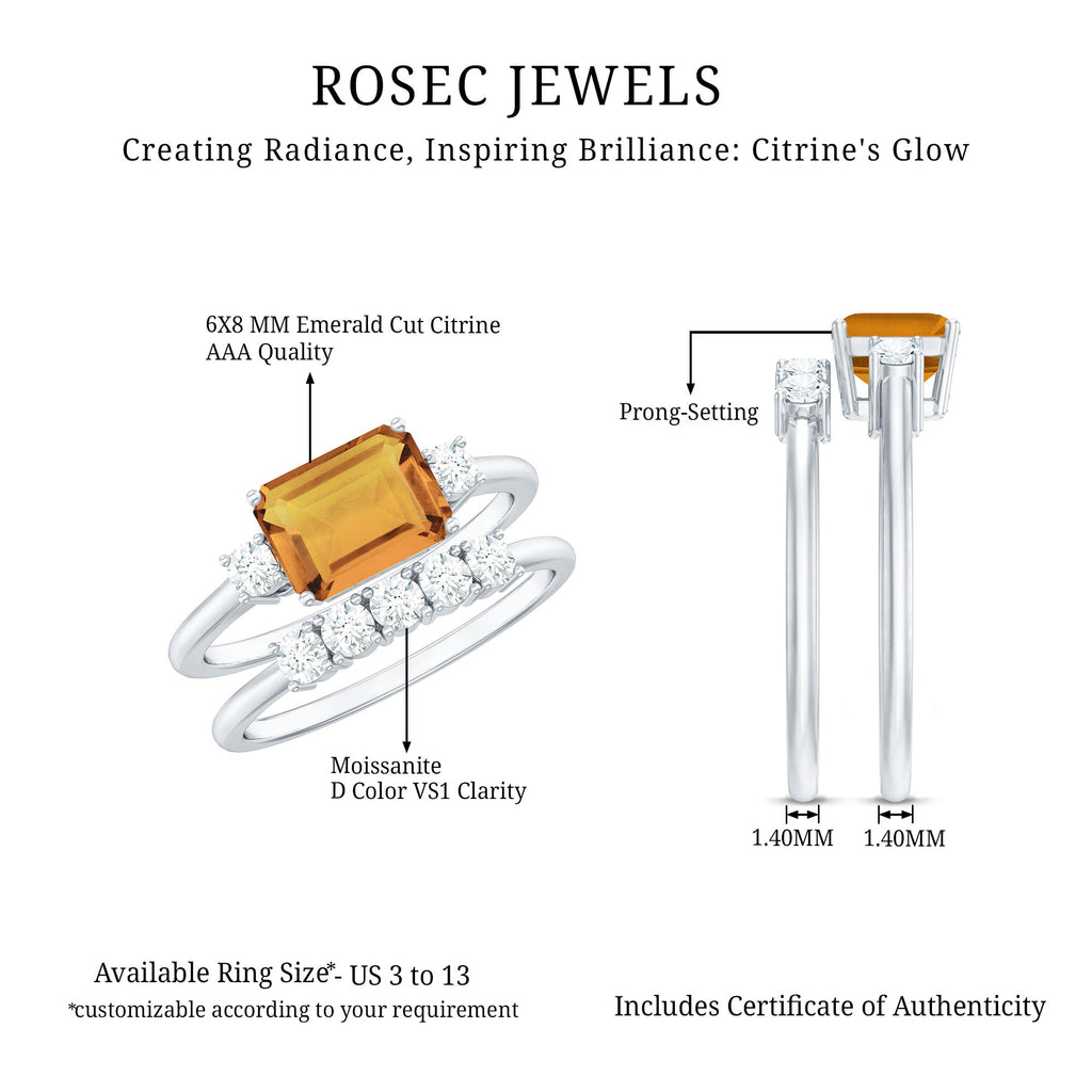 Emerald Cut Citrine Ring – Classic Bridal Design Wedding Band Set with Moissanite