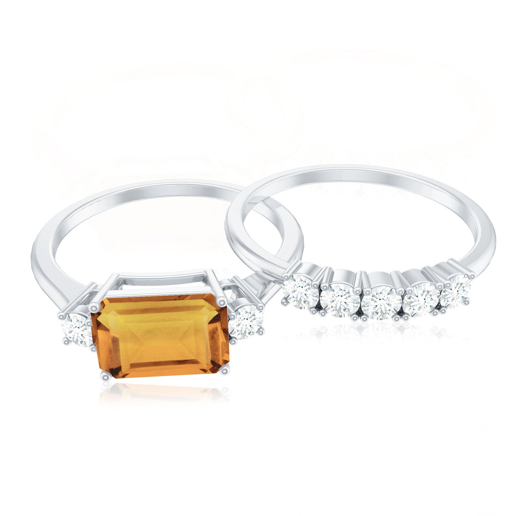 Emerald Cut Citrine Ring – Classic Bridal Design Wedding Band Set with Moissanite