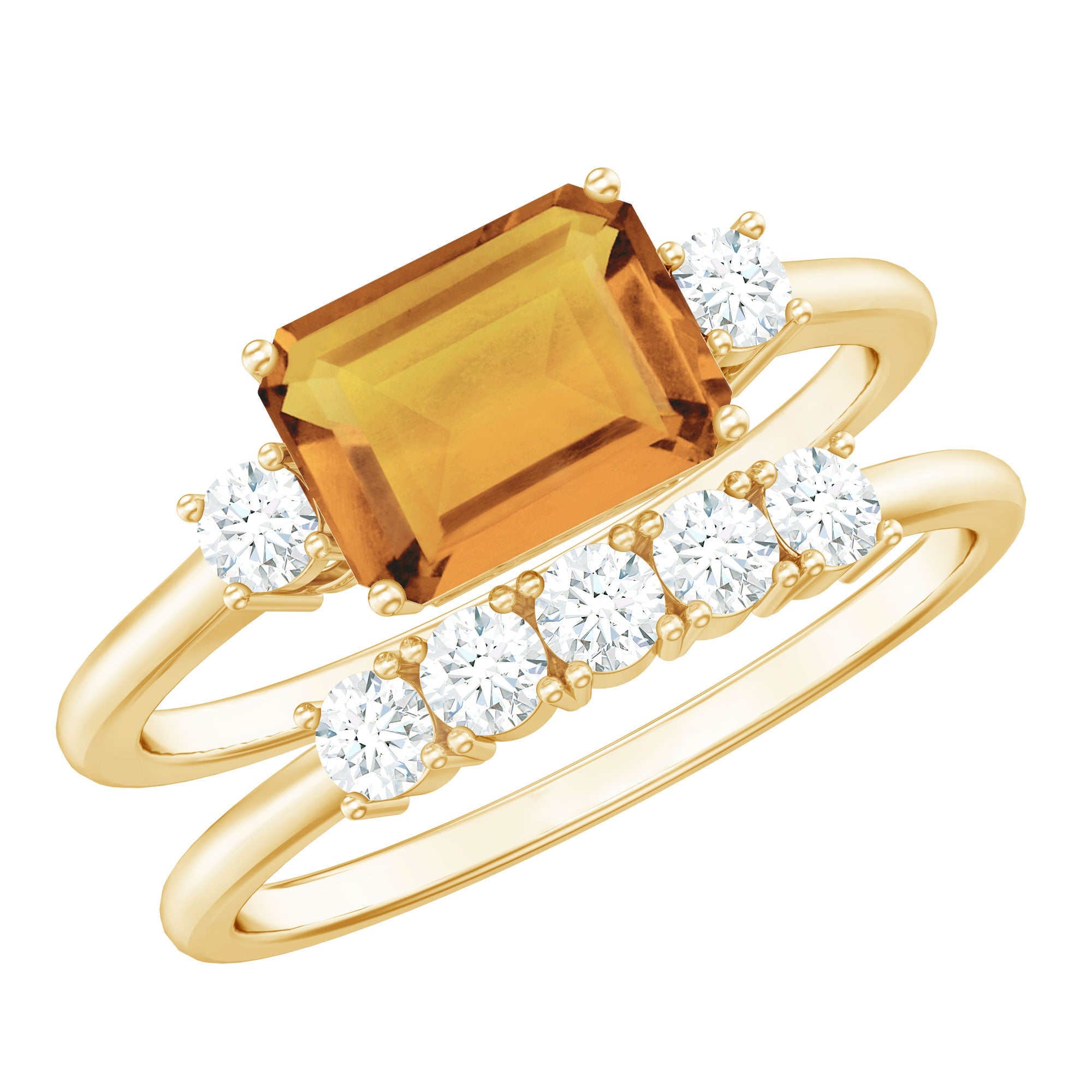 Emerald Cut Citrine Ring – Classic Bridal Design Wedding Band Set with Moissanite