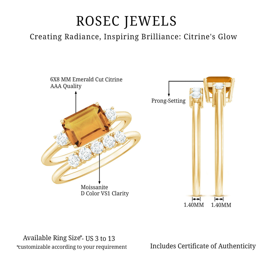 Emerald Cut Citrine Ring – Classic Bridal Design Wedding Band Set with Moissanite