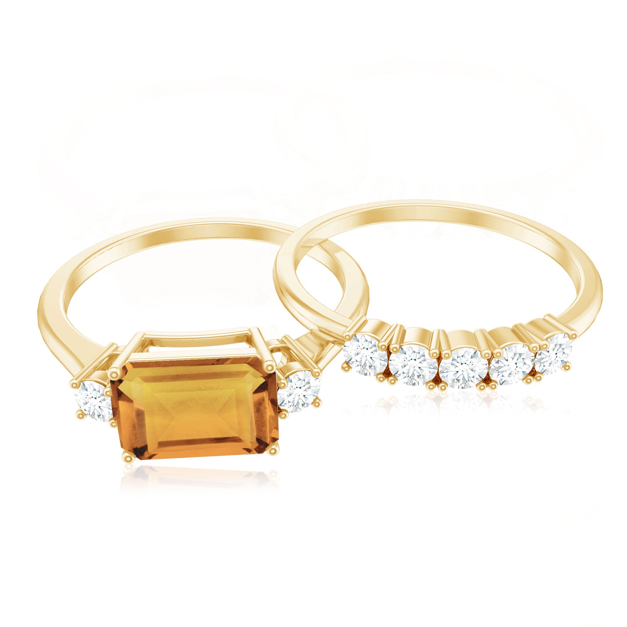 Emerald Cut Citrine Ring – Classic Bridal Design Wedding Band Set with Moissanite