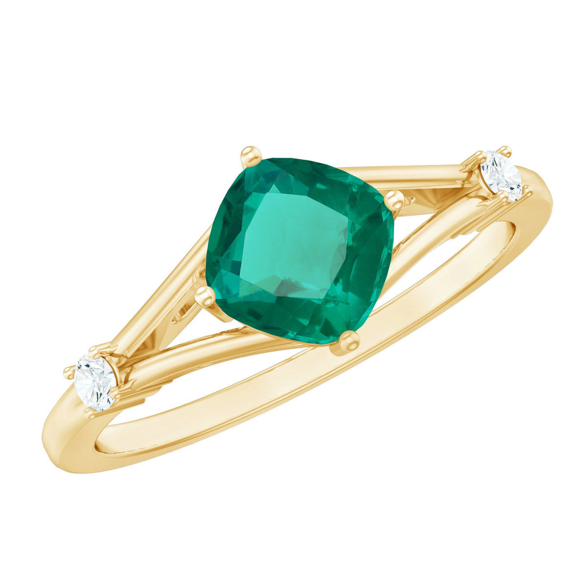 Lab Grown Emerald Ring – Cushion Cut Emerald Engagement Band With Diamond Accents